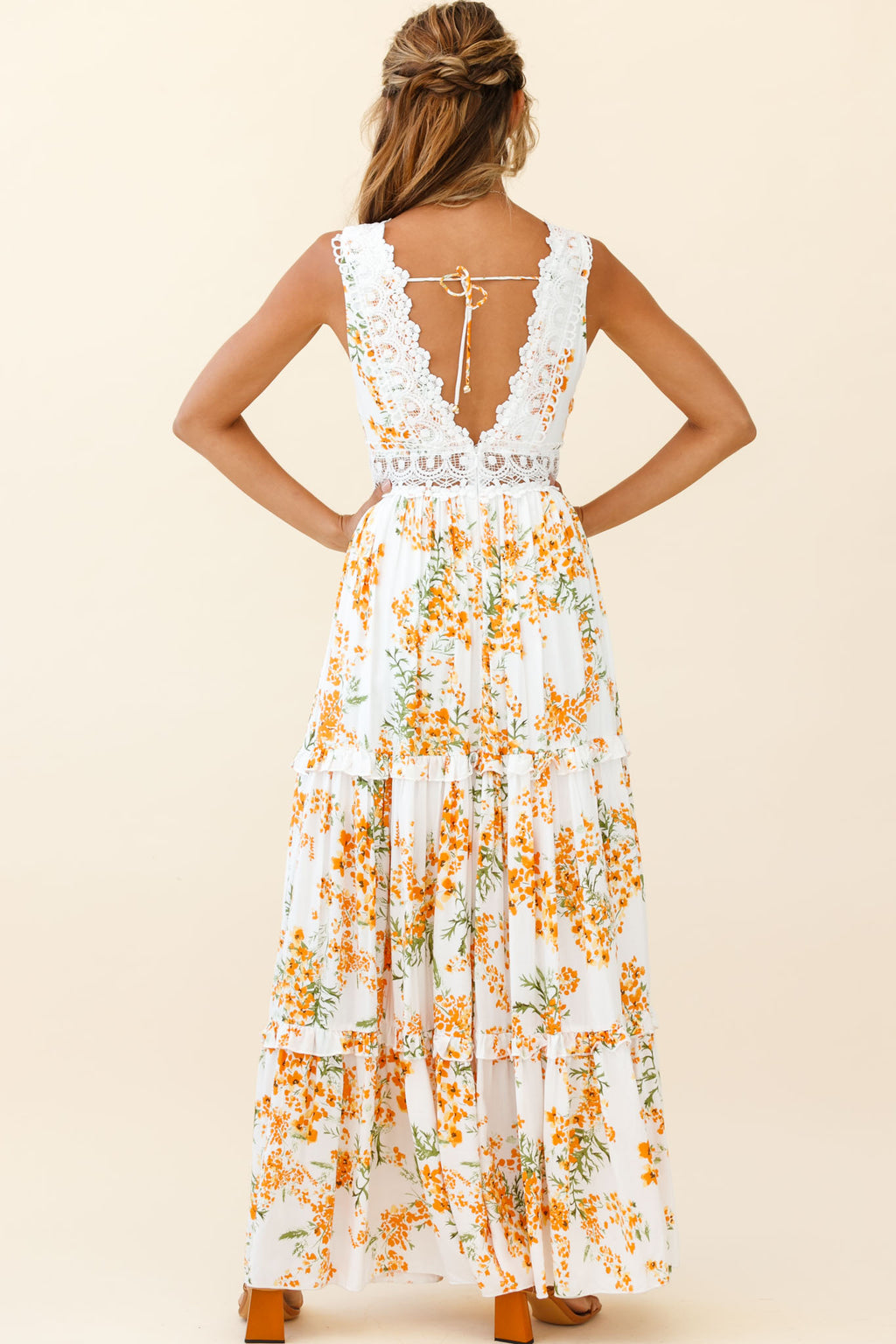 Indio Crochet Insert Deep V-Neckline Maxi Dress Floral Print White/Orange by Selfie Leslie