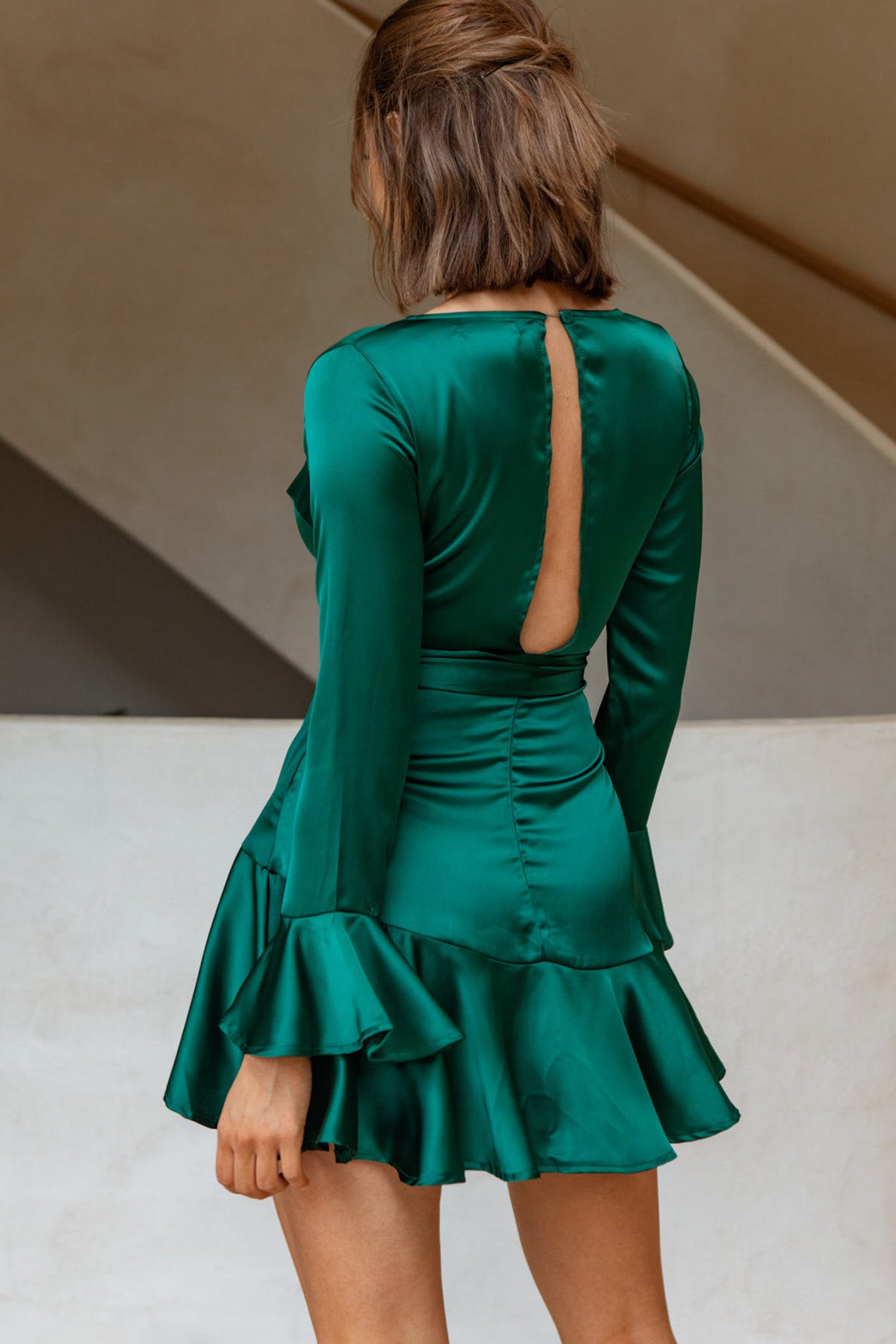 jade green long sleeve dress Green High Neck Long Sleeve Embellished Dress