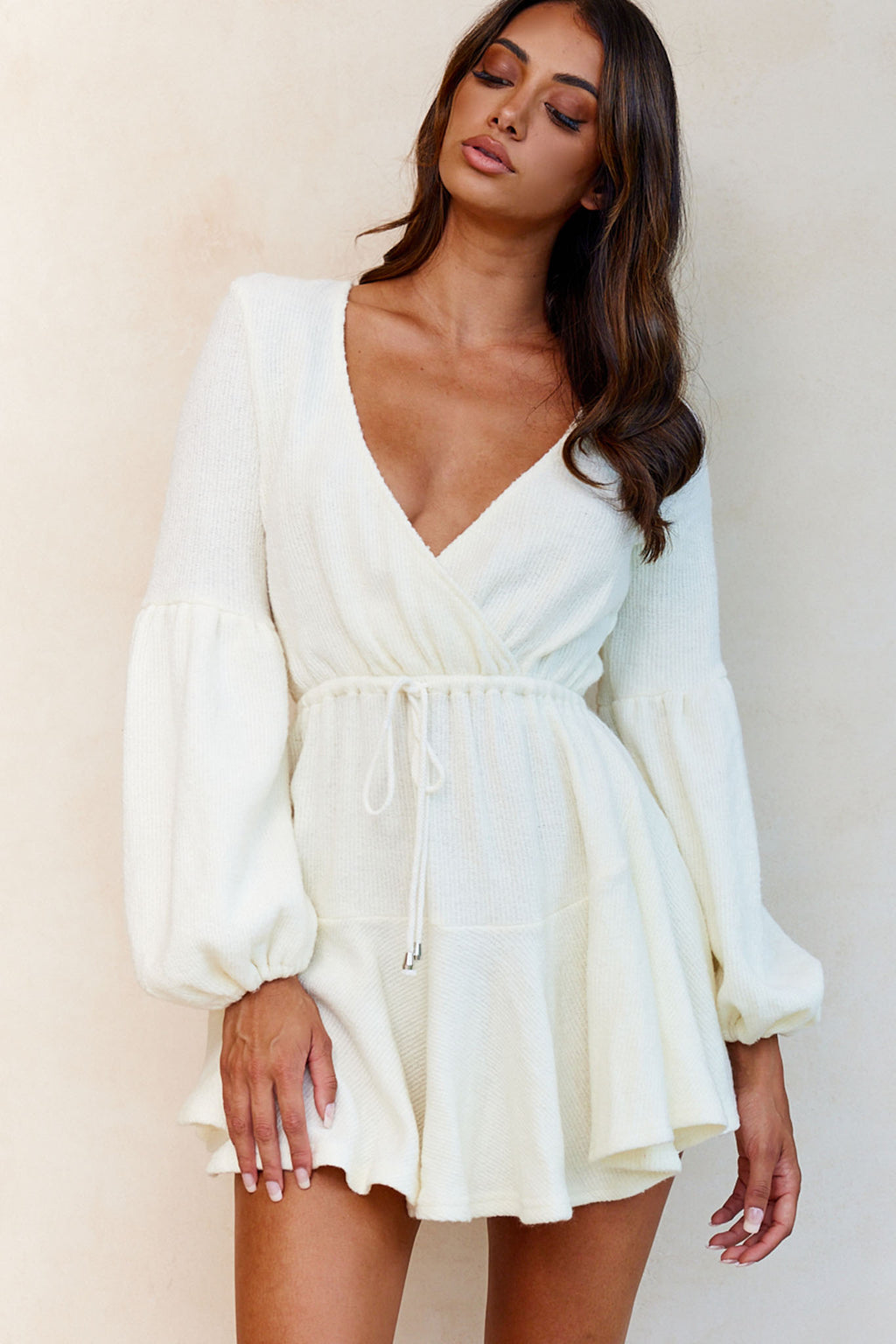 Annalise Long Sleeve Drawstring Knit Dress White by Selfie Leslie