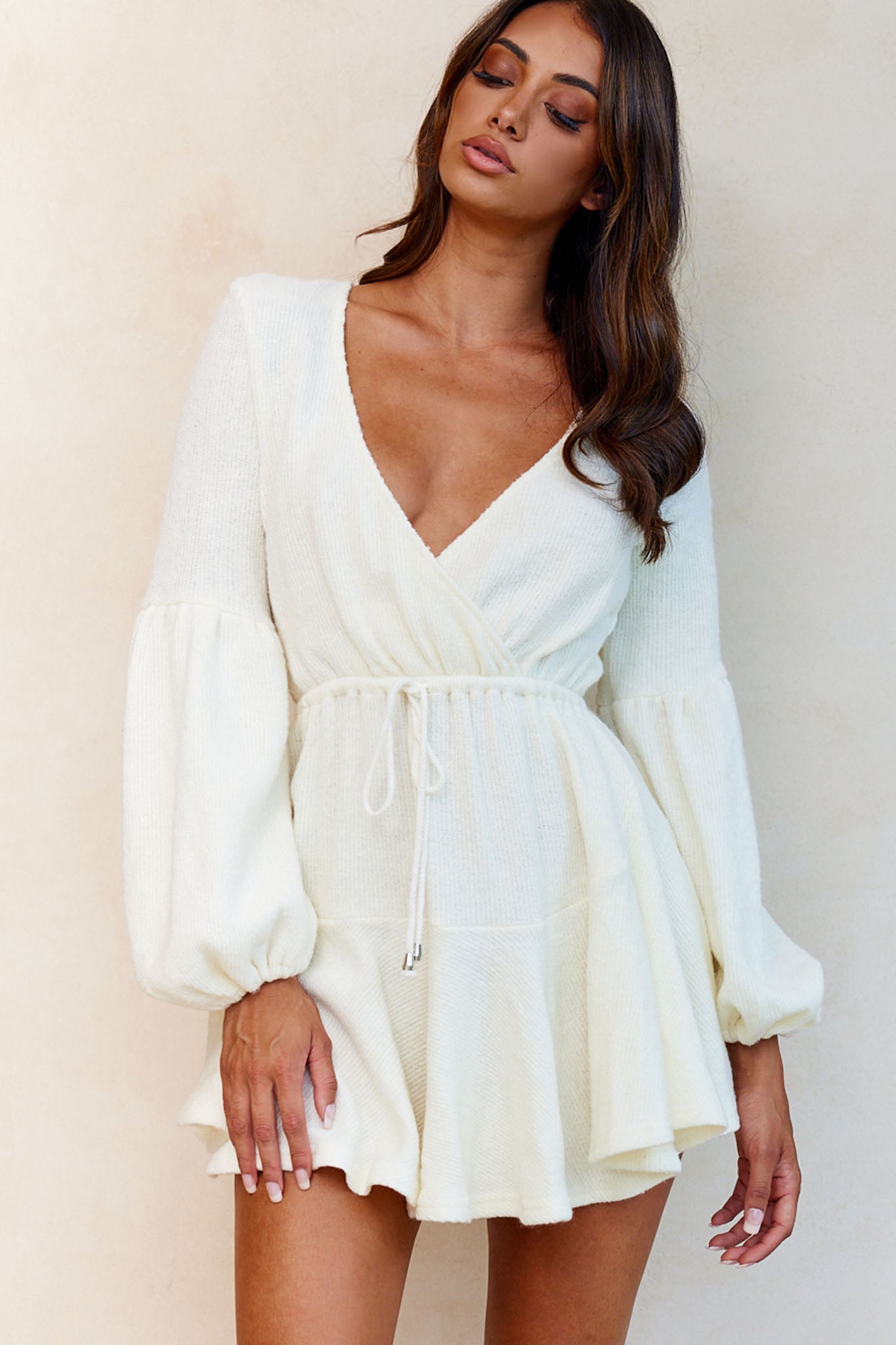 Annalise Long Sleeve Drawstring Knit Dress White by Selfie Leslie