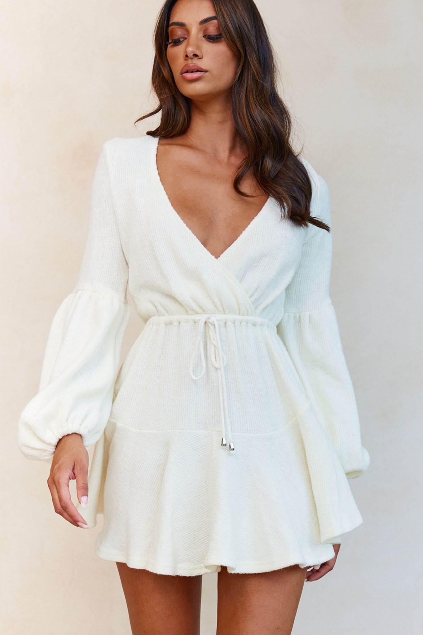 Annalise Long Sleeve Drawstring Knit Dress White by Selfie Leslie