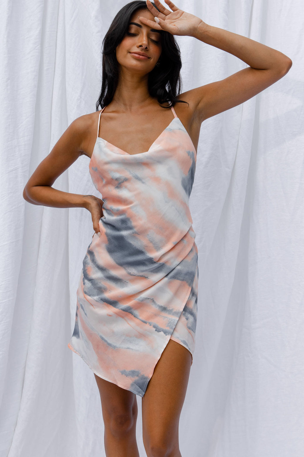 Hey Girl Cowl Neck Wrap Front Mini Dress Tie-Dye Print Multi by Selfie Leslie