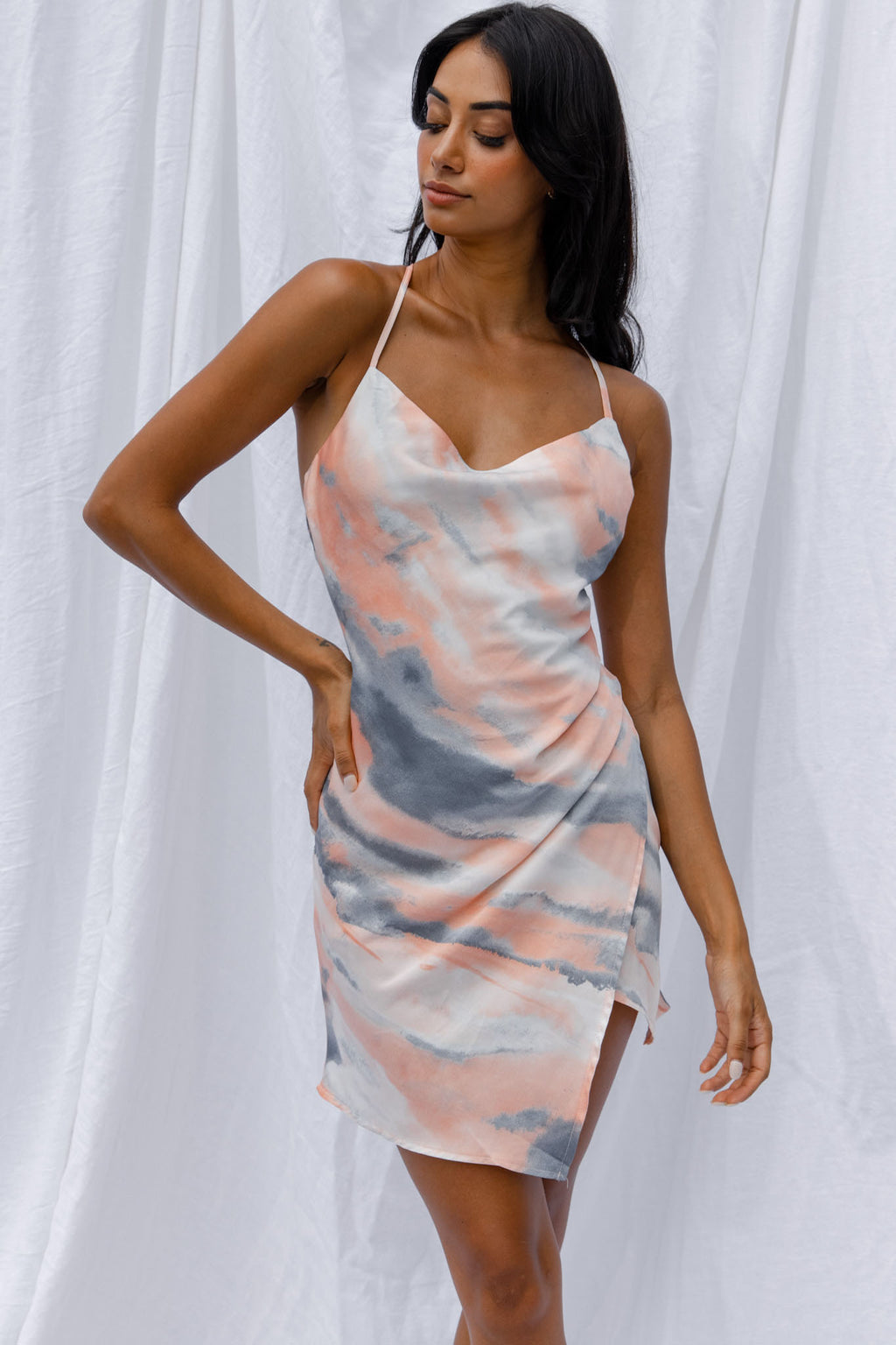 Hey Girl Cowl Neck Wrap Front Mini Dress Tie-Dye Print Multi by Selfie Leslie