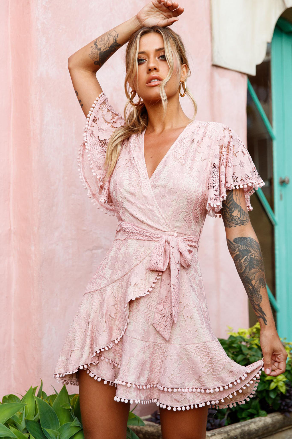 Cami Angel Sleeve Faux Wrap Dress Lace Blush by Selfie Leslie