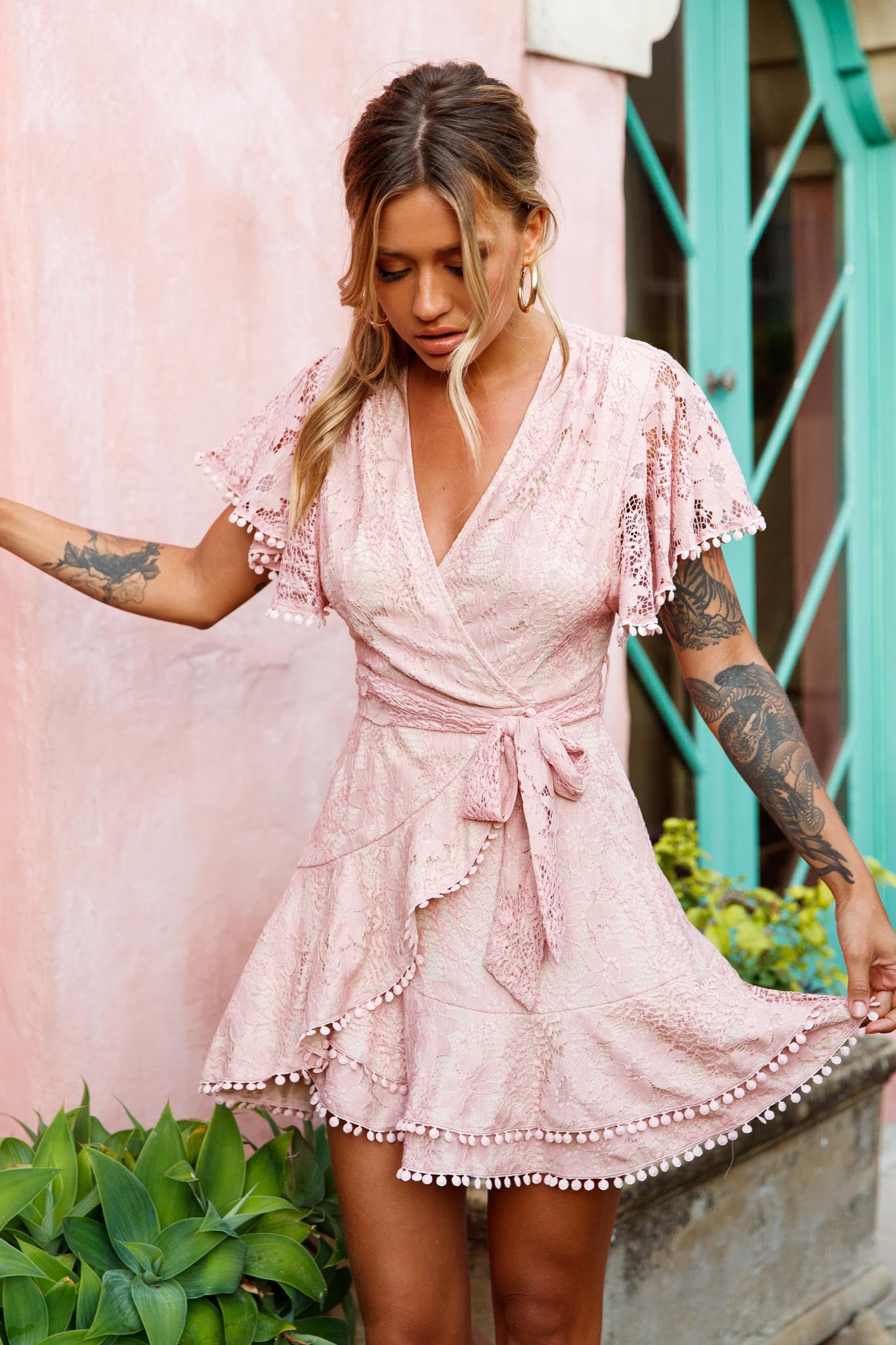 Cami Angel Sleeve Faux Wrap Dress Lace Blush by Selfie Leslie