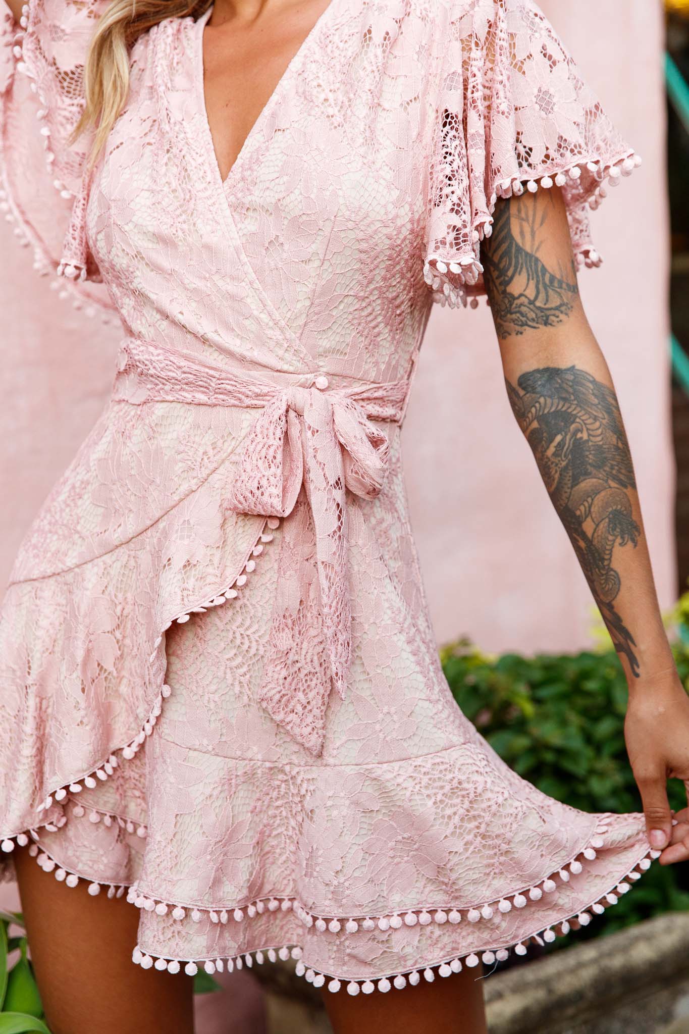 Cami Angel Sleeve Faux Wrap Dress Lace Blush by Selfie Leslie