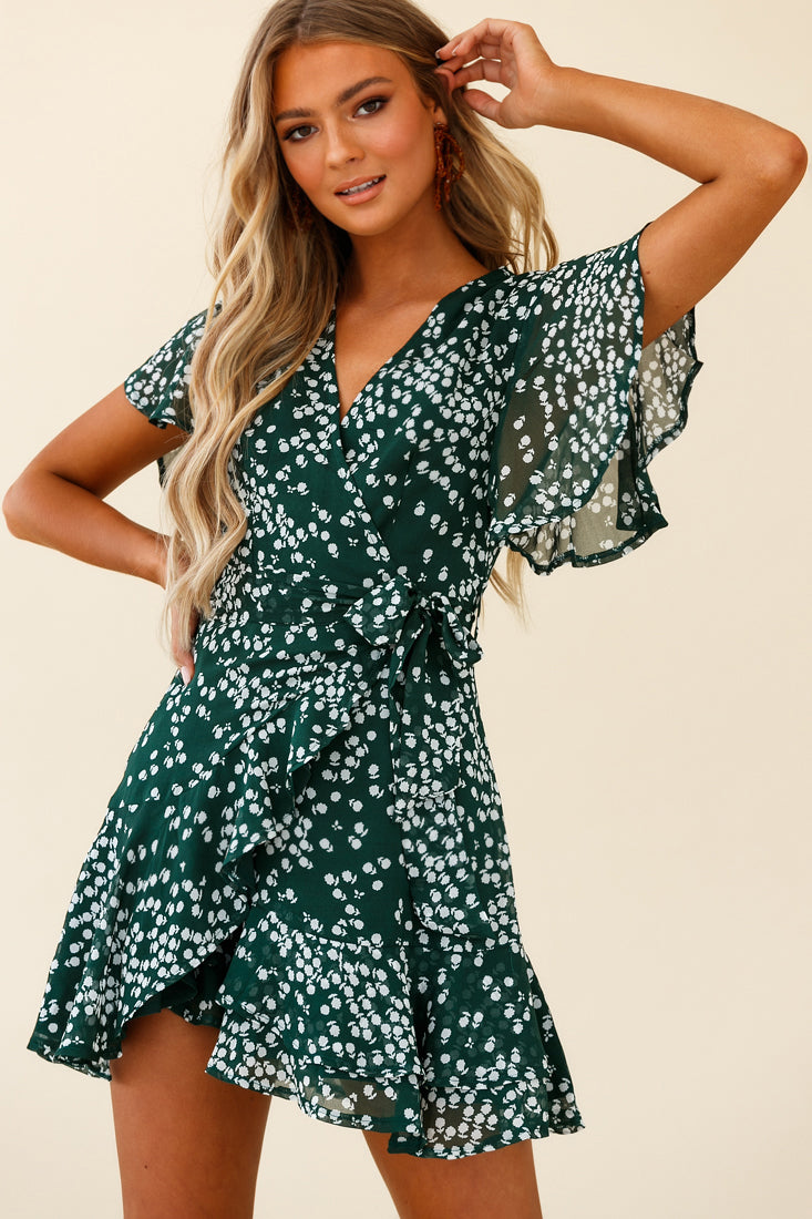 Shop the Cami Angel Sleeve Faux Wrap Dress Flower Print Forest Green ...