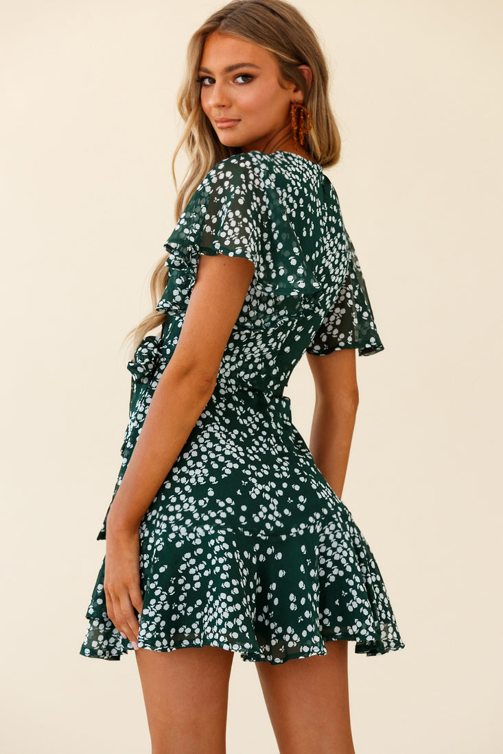 Cami Angel Sleeve Faux Wrap Dress Flower Print Forest Green by Selfie Leslie
