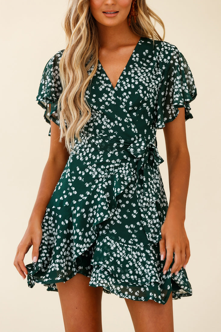 Cami Angel Sleeve Faux Wrap Dress Flower Print Forest Green by Selfie Leslie