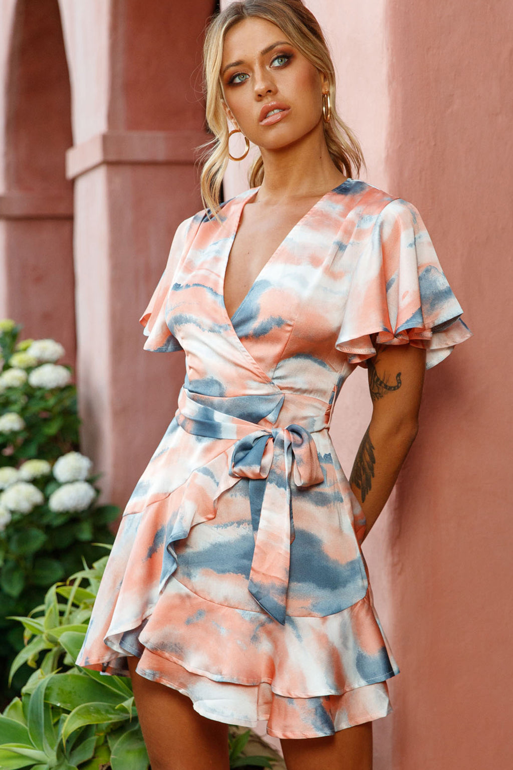 Cami Angel Sleeve Faux Wrap Dress Watercolor Print Multi by Selfie Leslie