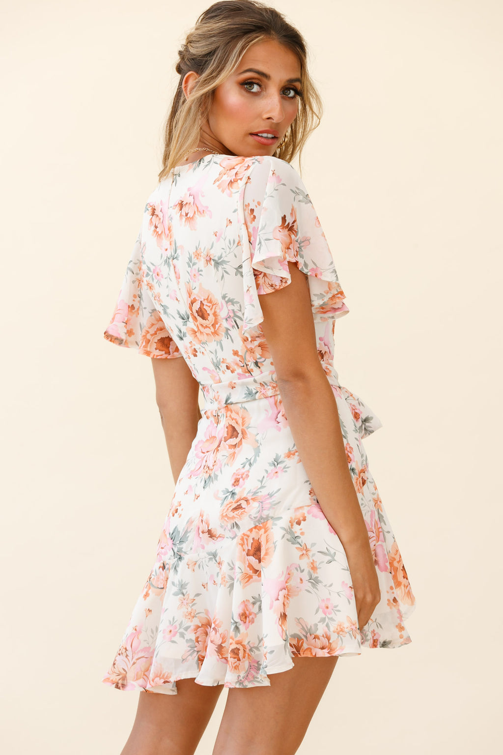 Cami Angel Sleeve Faux Wrap Dress Rose Print Pink by Selfie Leslie