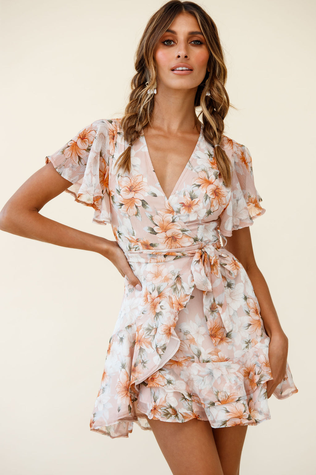 Cami Angel Sleeve Faux Wrap Dress Hibiscus Print Nude by Selfie Leslie