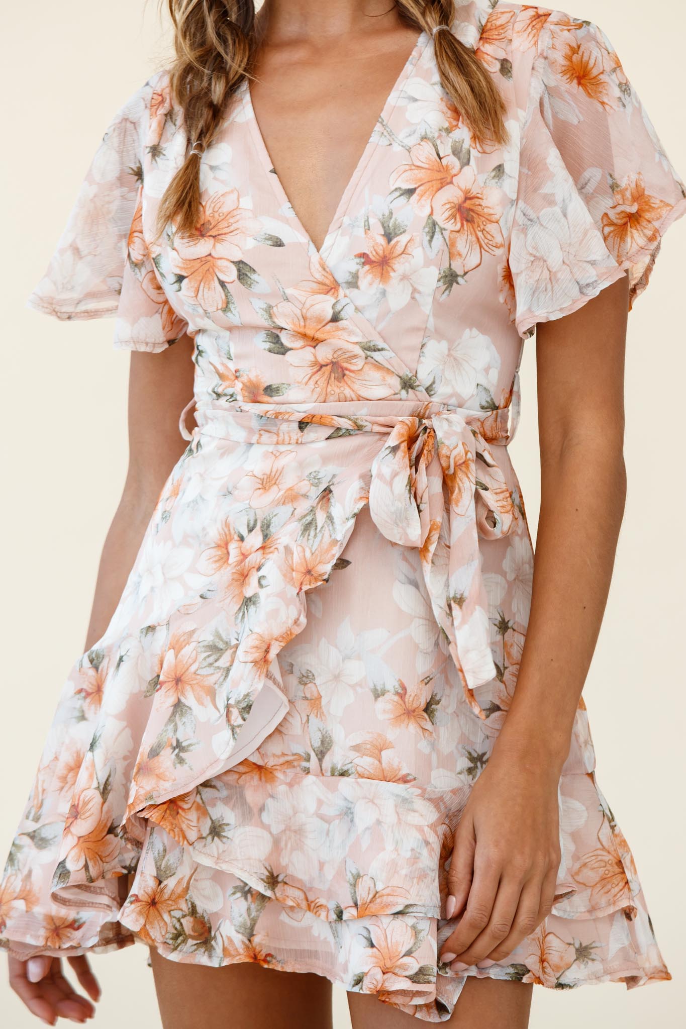 Cami Angel Sleeve Faux Wrap Dress Hibiscus Print Nude by Selfie Leslie