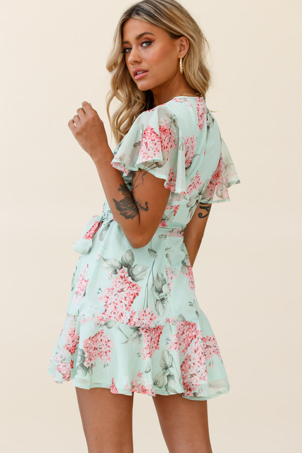 Cami Angel Sleeve Faux Wrap Dress Hydrangea Print Mint/Pink by Selfie Leslie