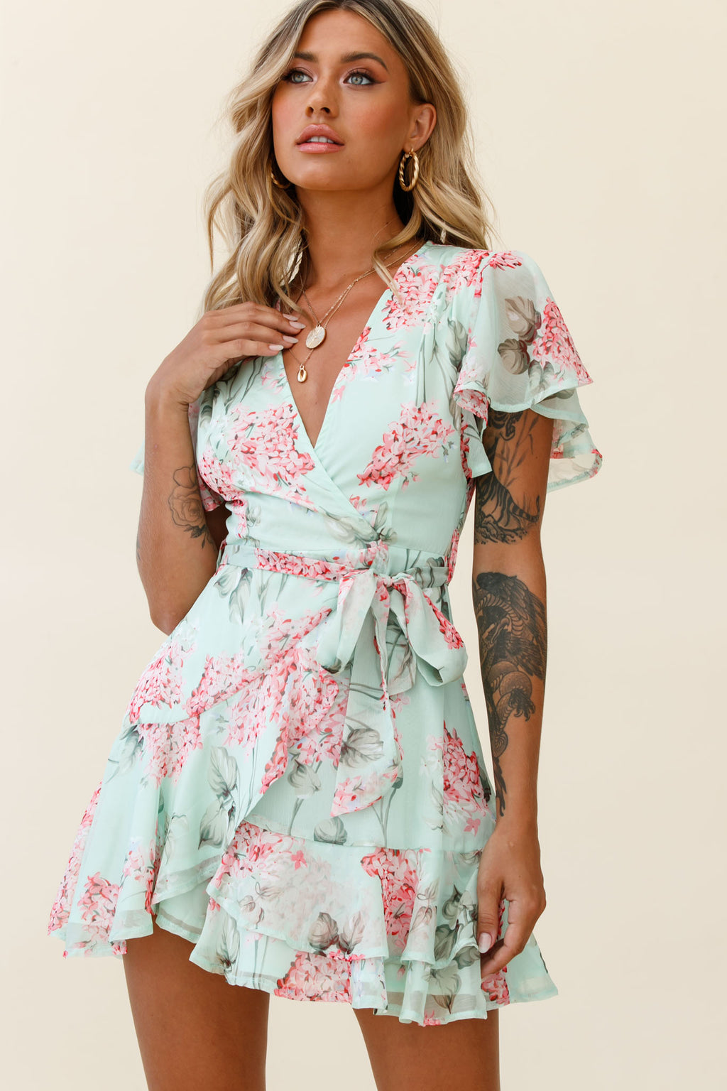 Cami Angel Sleeve Faux Wrap Dress Hydrangea Print Mint/Pink by Selfie Leslie