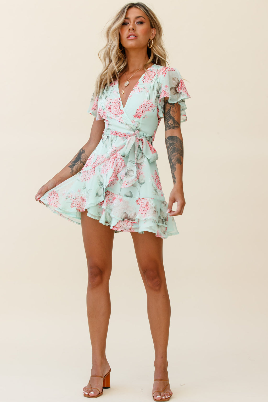Cami Angel Sleeve Faux Wrap Dress Hydrangea Print Mint/Pink by Selfie Leslie