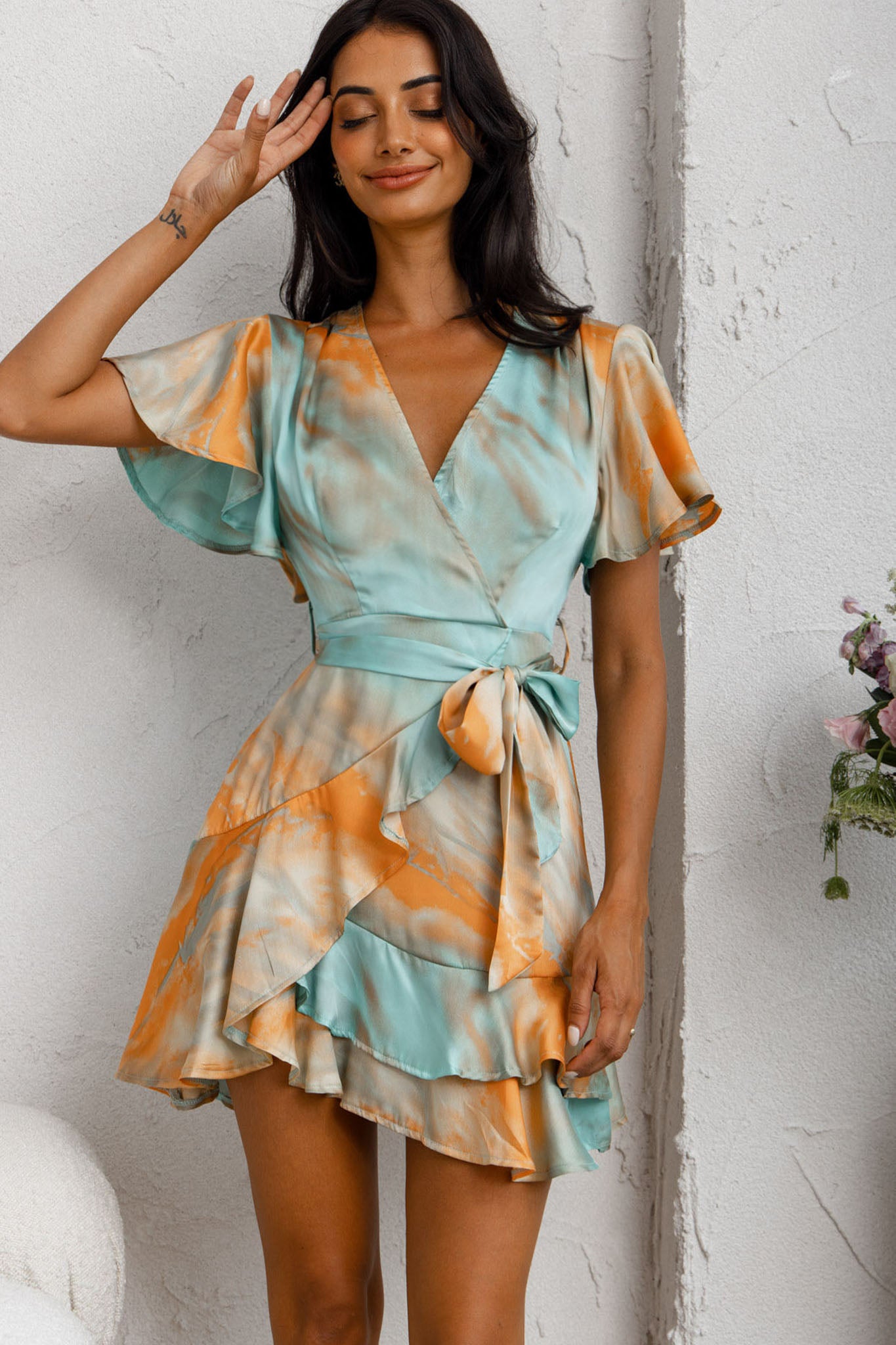 Cami Angel Sleeve Faux Wrap Dress Tie-Dye Print Aqua/Orange by Selfie Leslie