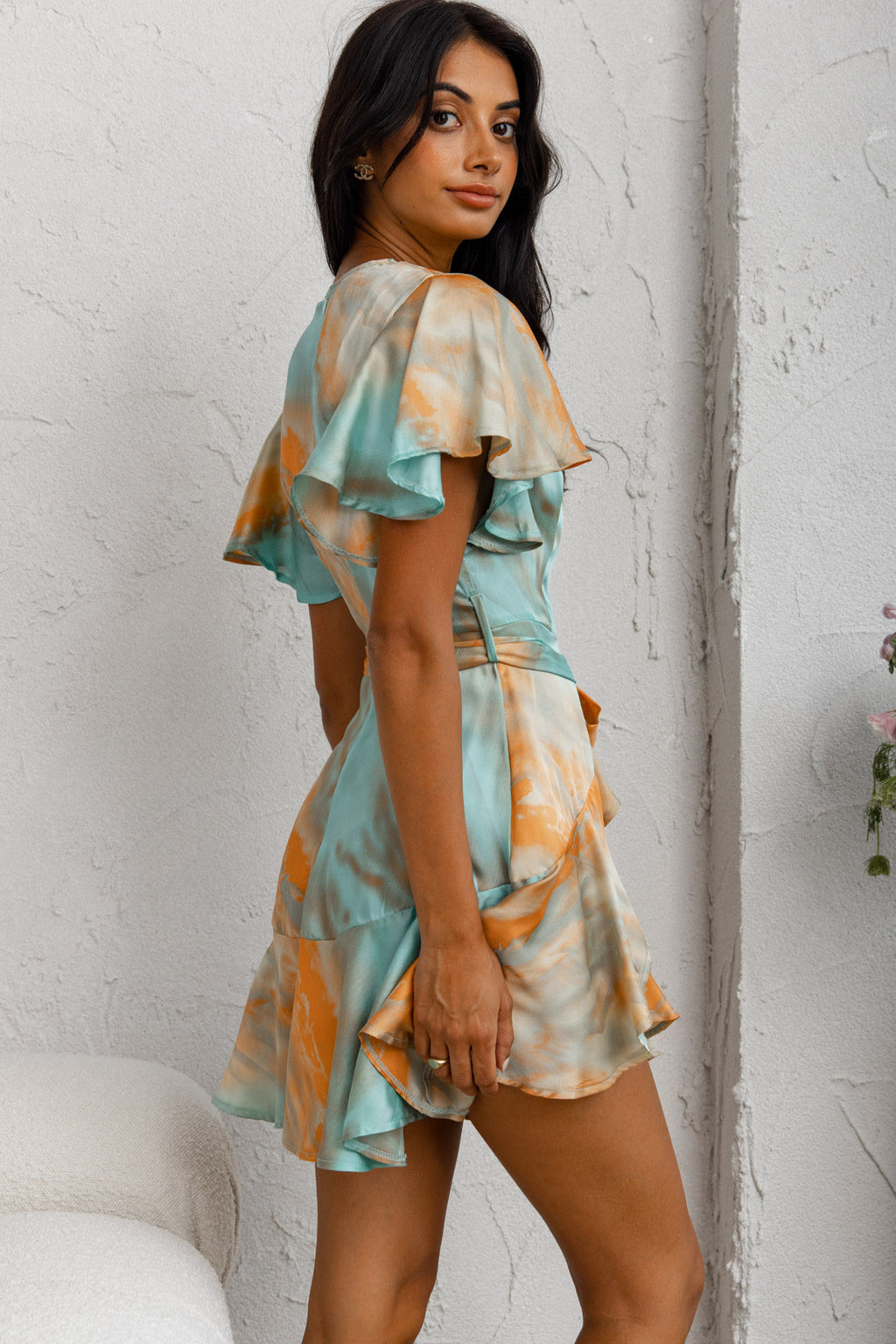 Cami Angel Sleeve Faux Wrap Dress Tie-Dye Print Aqua/Orange by Selfie Leslie