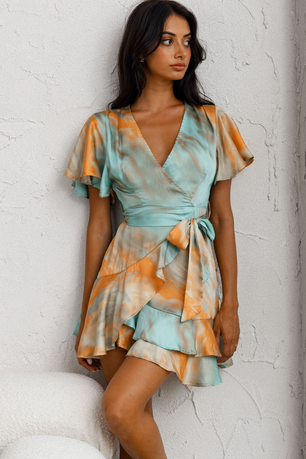 Cami Angel Sleeve Faux Wrap Dress Tie-Dye Print Aqua/Orange by Selfie Leslie