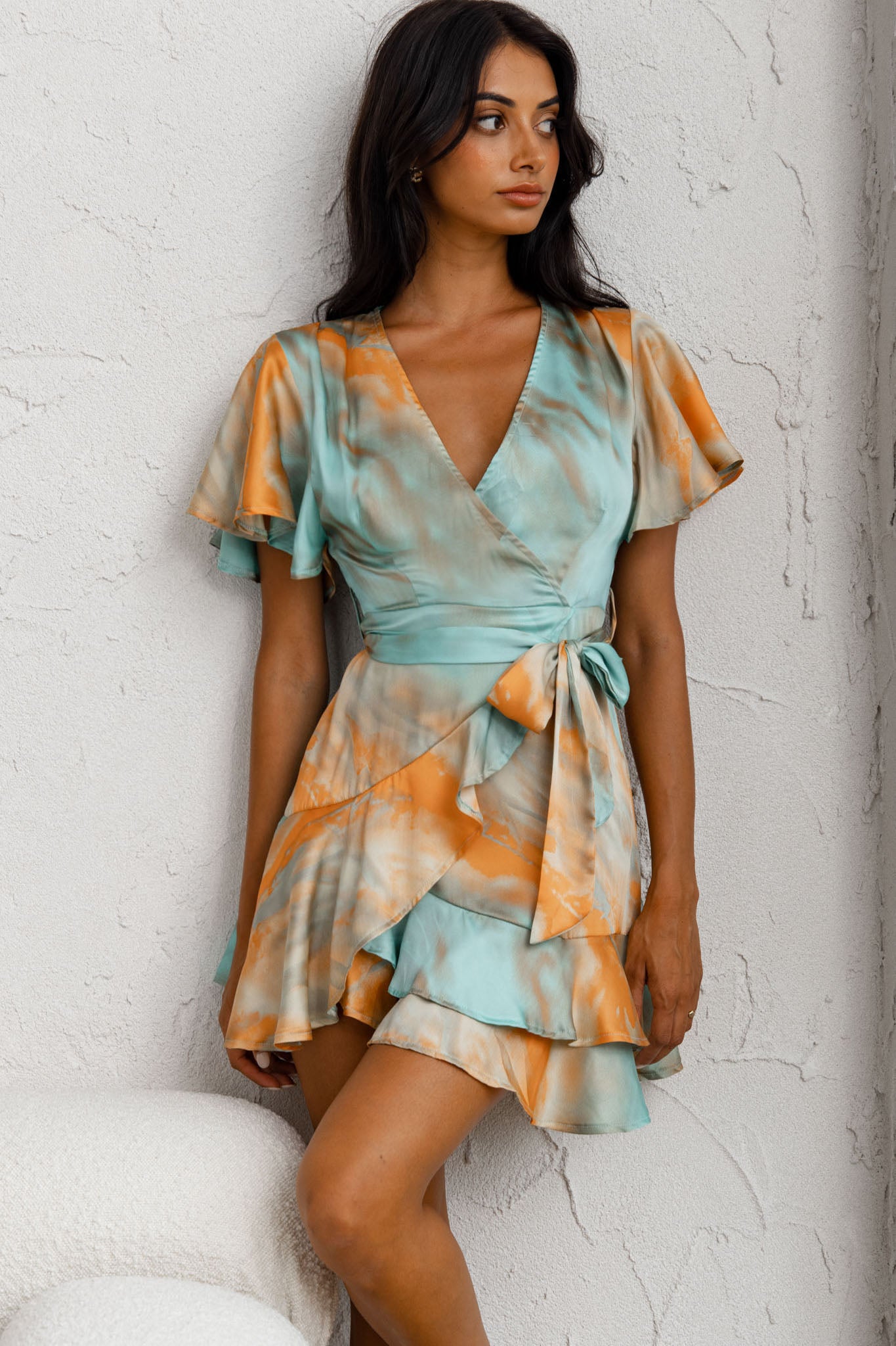 Cami Angel Sleeve Faux Wrap Dress Tie-Dye Print Aqua/Orange by Selfie Leslie