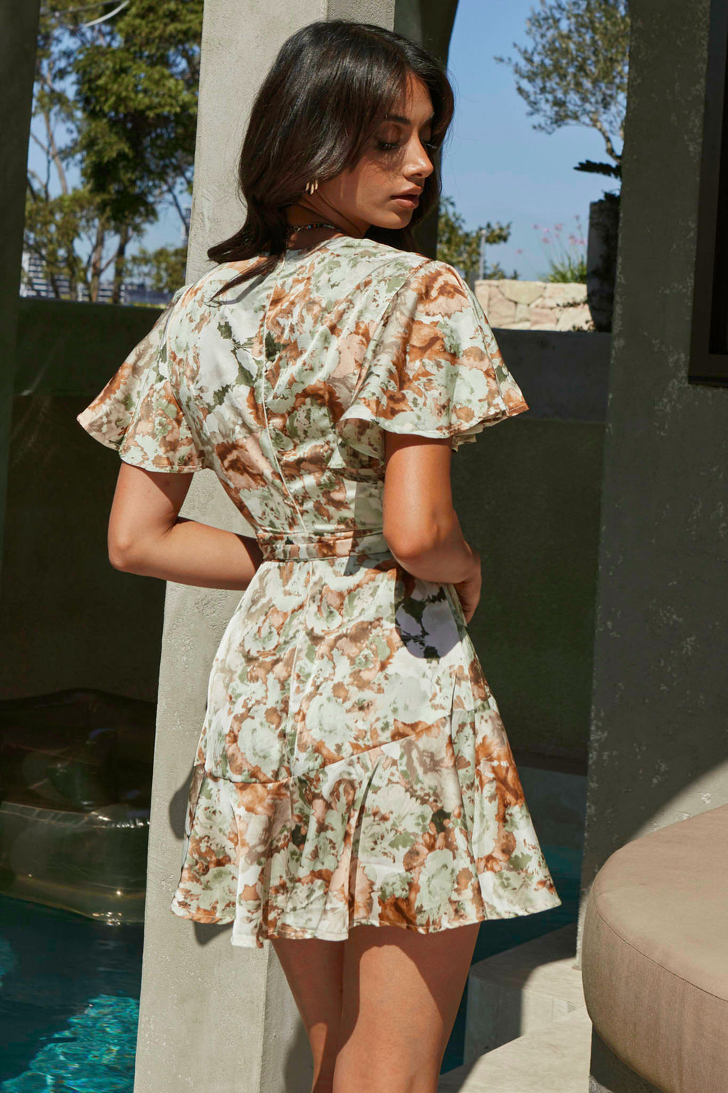 Cami Angel Sleeve Faux Wrap Dress Abstract Floral Print Sage by Selfie Leslie