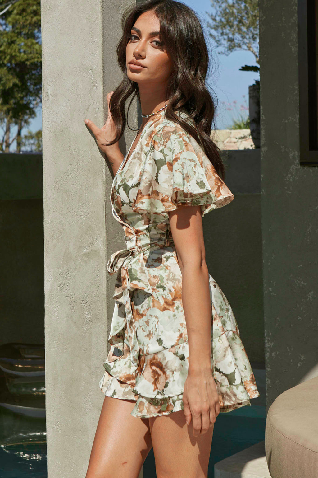 Cami Angel Sleeve Faux Wrap Dress Abstract Floral Print Sage by Selfie Leslie