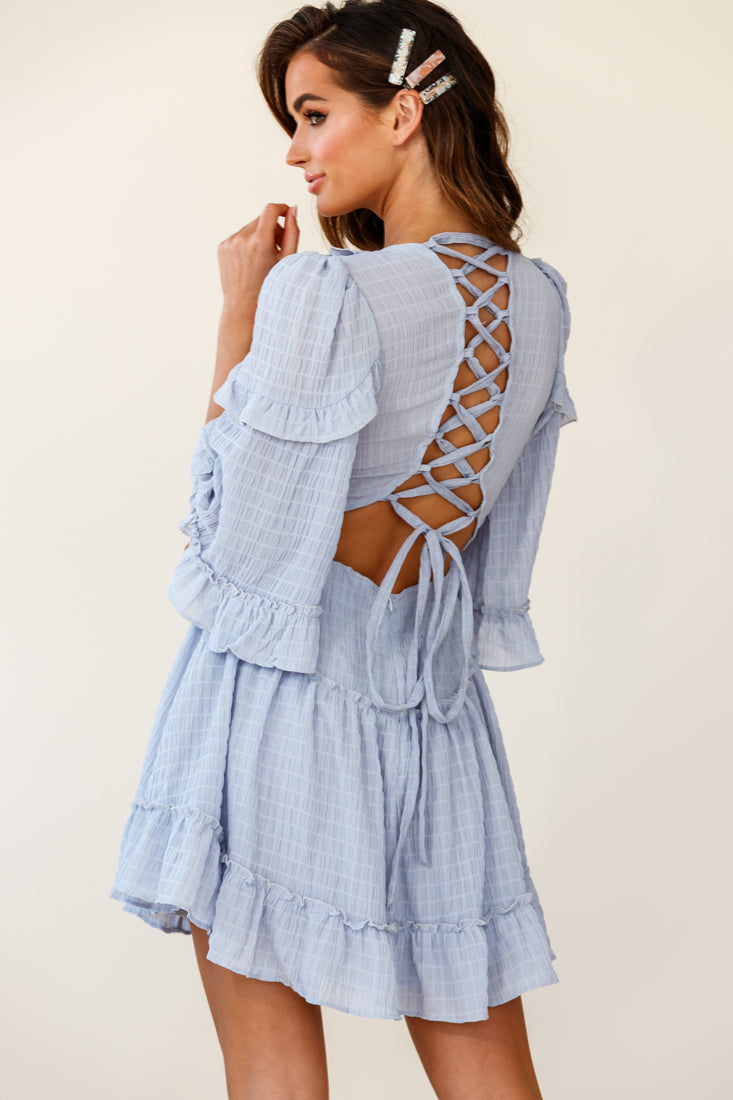 Albany Lace Up Back Frill Dress Shirred Grey | Selfie Leslie