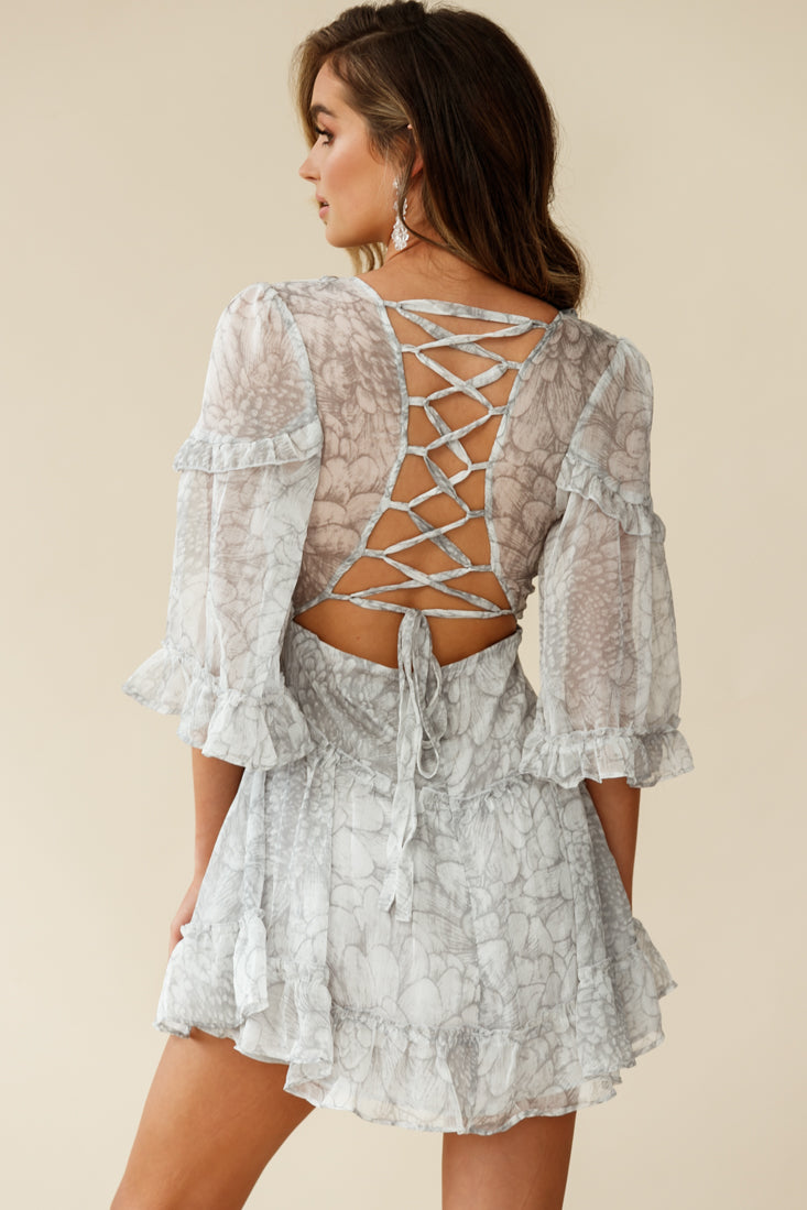 Albany Lace Up Back Frill Dress Chrysanthemum Print Grey by Selfie Leslie