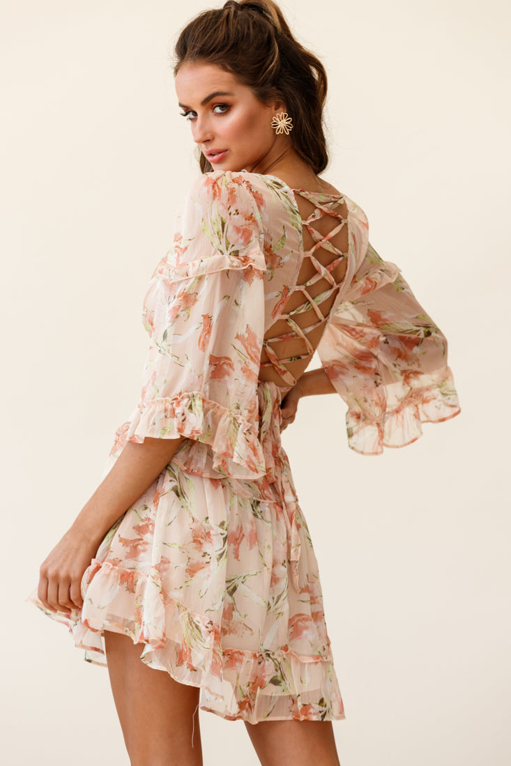 Albany Lace Up Back Frill Dress Lily Print Nude by Selfie Leslie