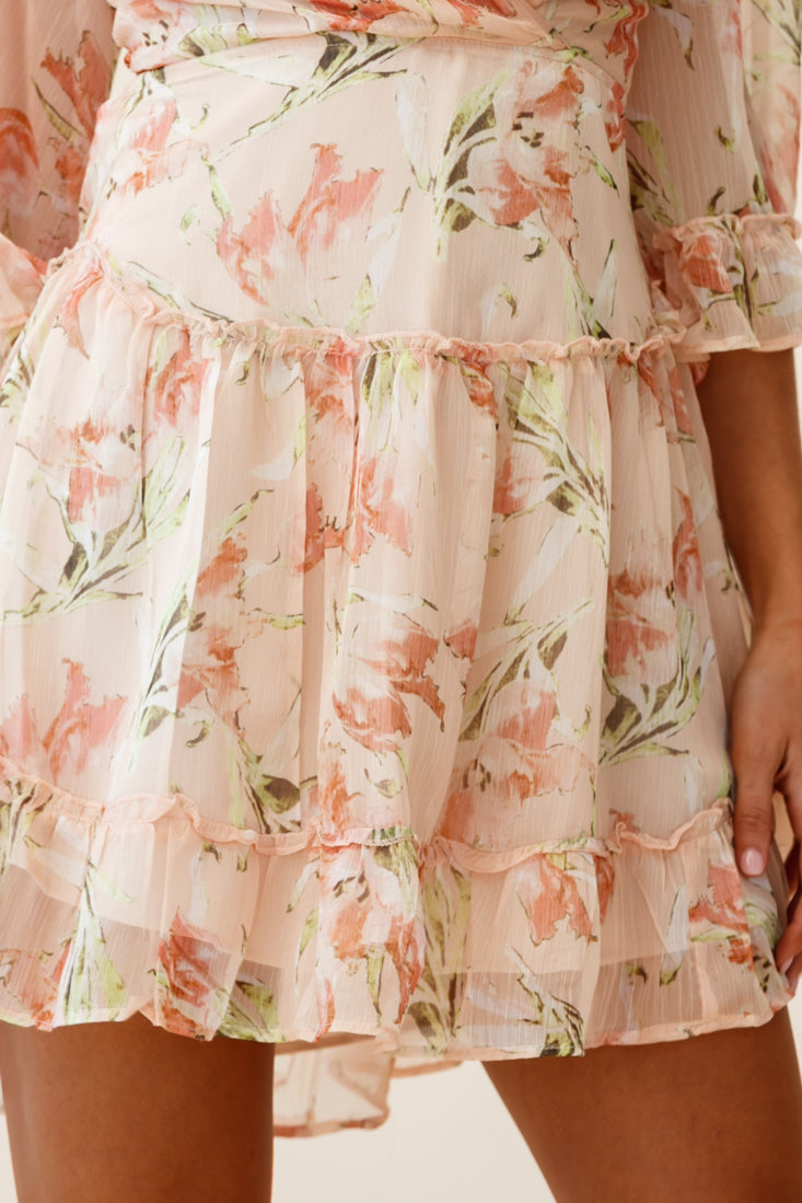 Albany Lace Up Back Frill Dress Lily Print Nude by Selfie Leslie