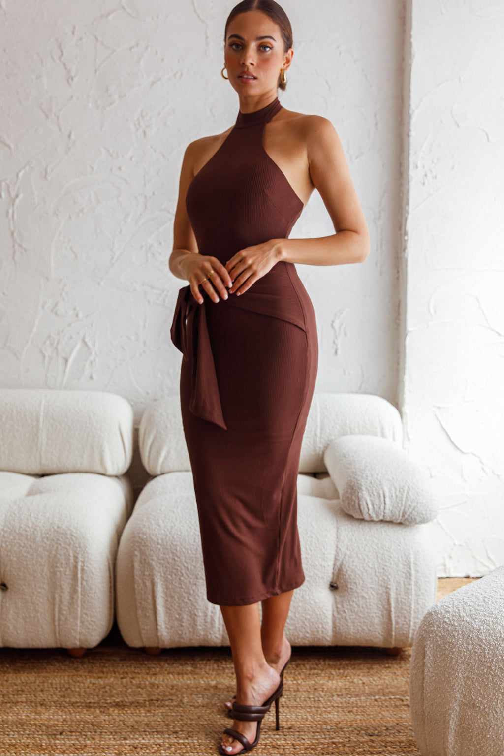 Rapt Waist Tie Halterneck Knit Midi Dress Chocolate by Selfie Leslie