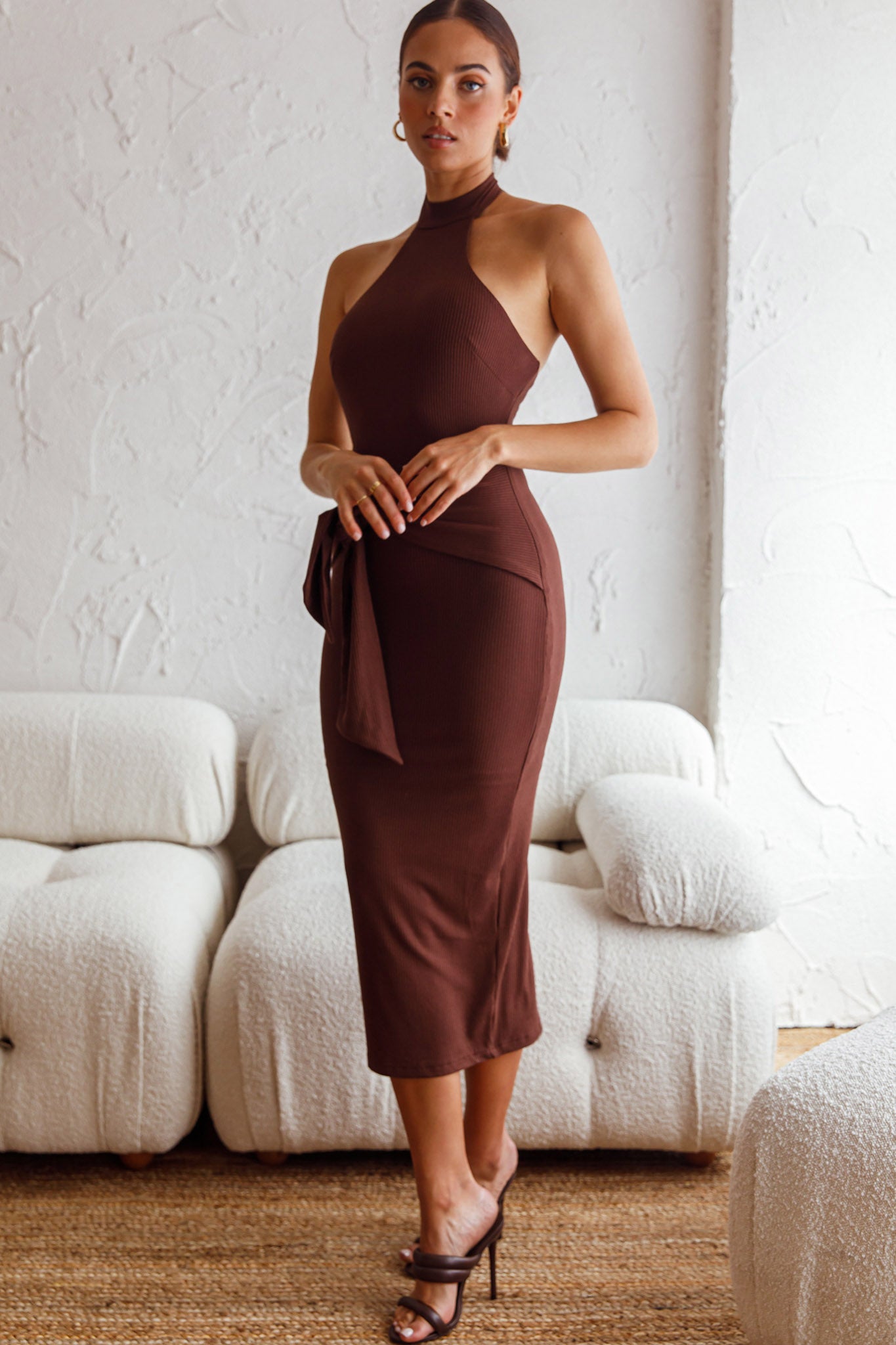 Rapt Waist Tie Halterneck Knit Midi Dress Chocolate by Selfie Leslie