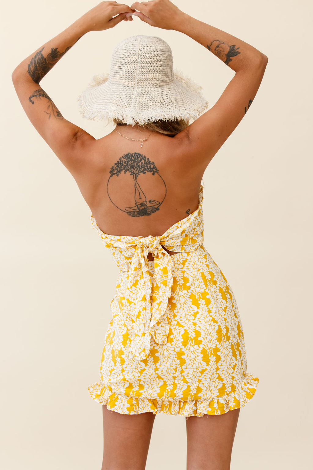 Dollface Bandeau Ruffle Detail Mini Dress Leaf Print Yellow by Selfie Leslie