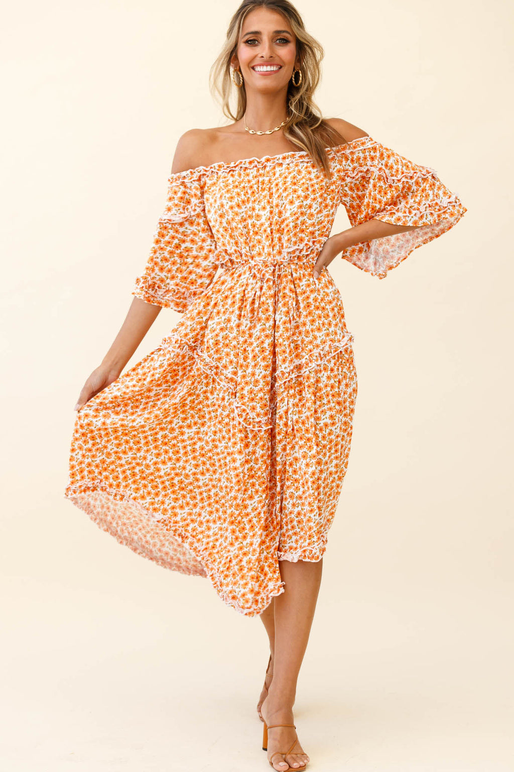 Renoir Off-Shoulder Frill Trim Dress Floral Print Orange by Selfie Leslie