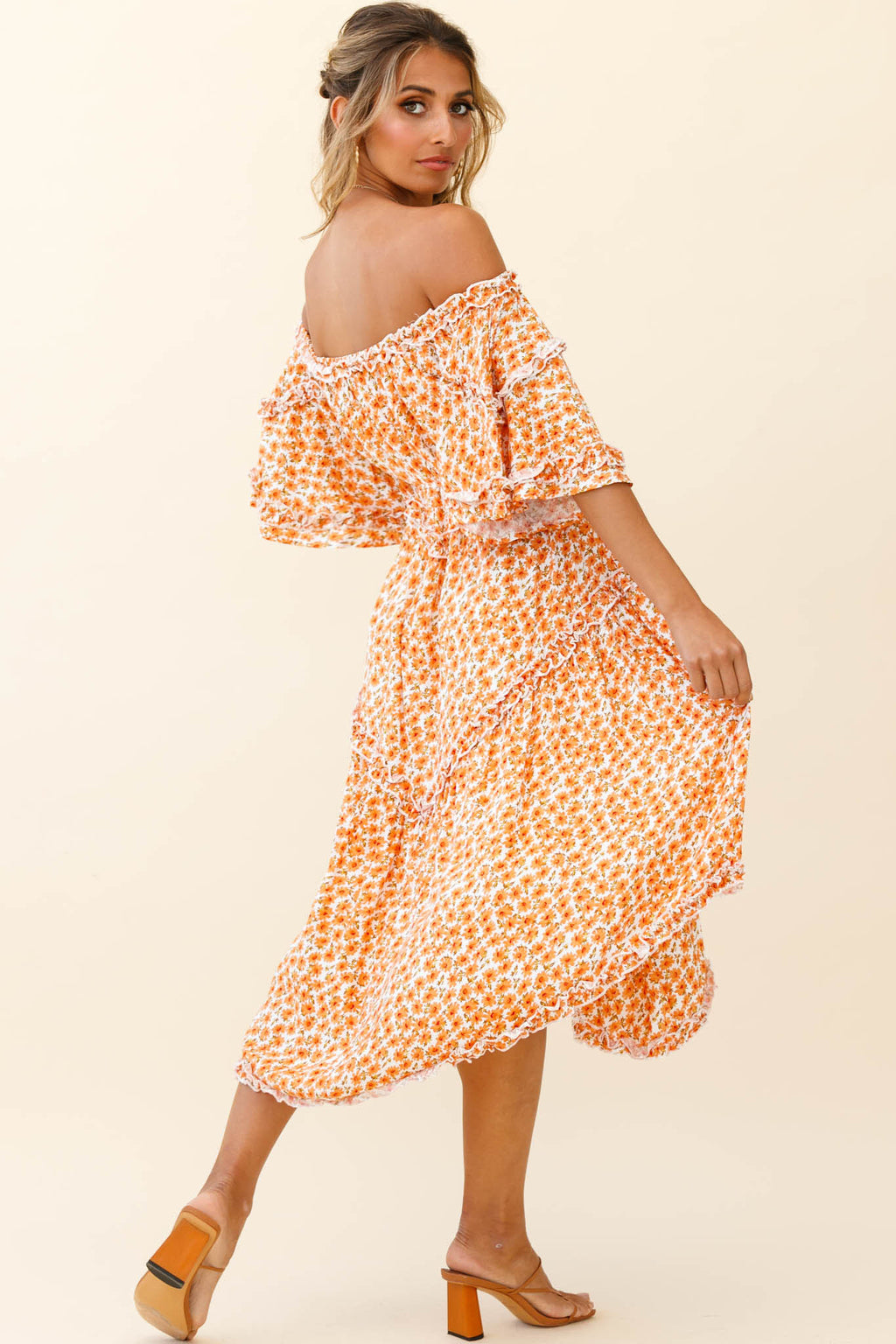 Renoir Off-Shoulder Frill Trim Dress Floral Print Orange by Selfie Leslie