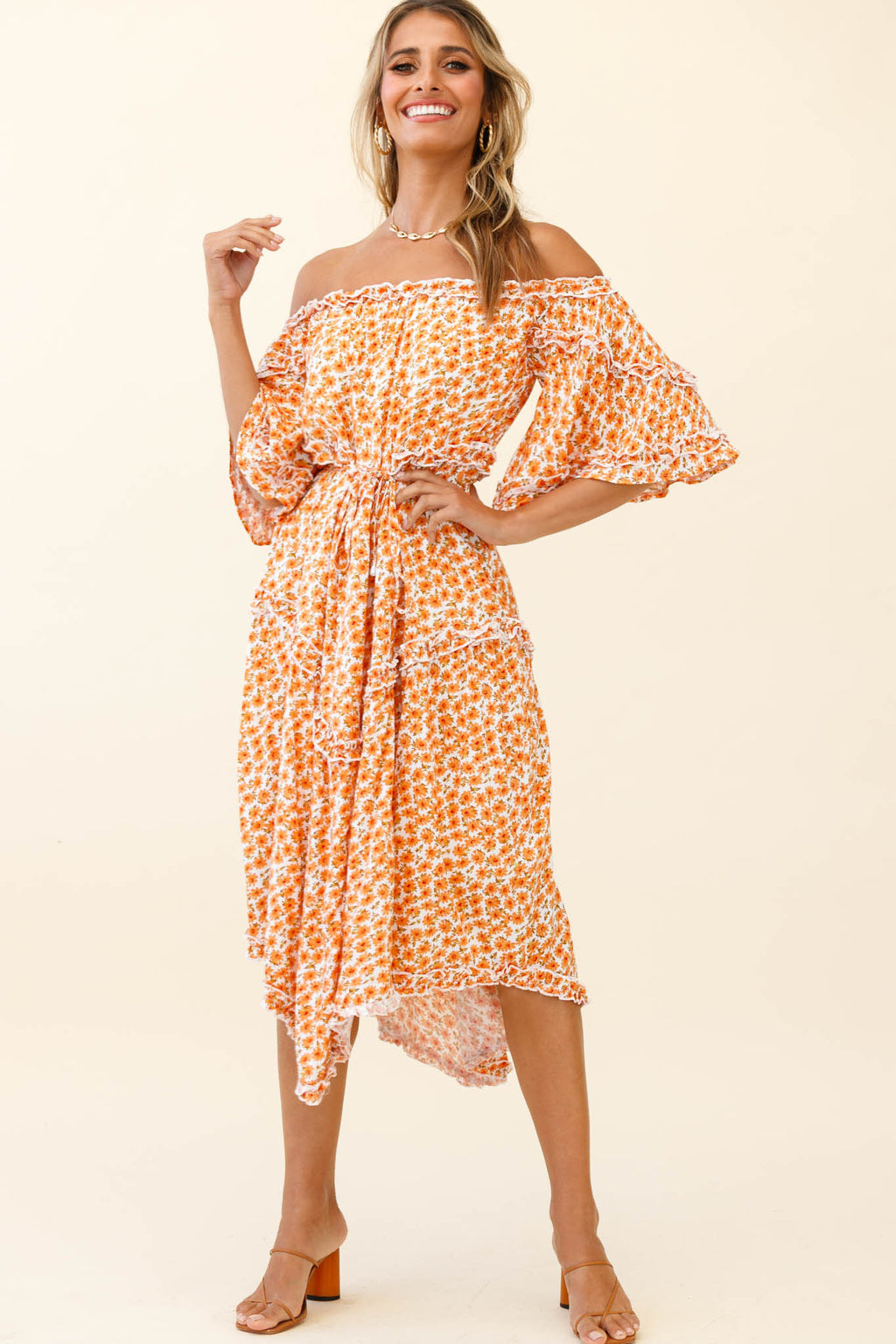 Renoir Off-Shoulder Frill Trim Dress Floral Print Orange by Selfie Leslie