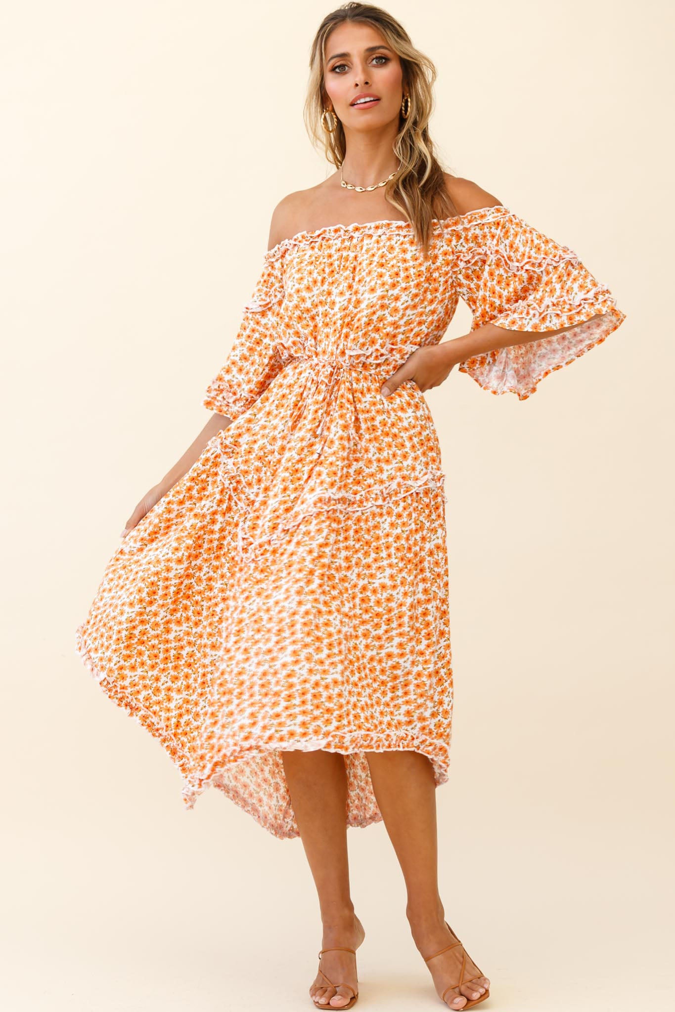 Renoir Off-Shoulder Frill Trim Dress Floral Print Orange by Selfie Leslie