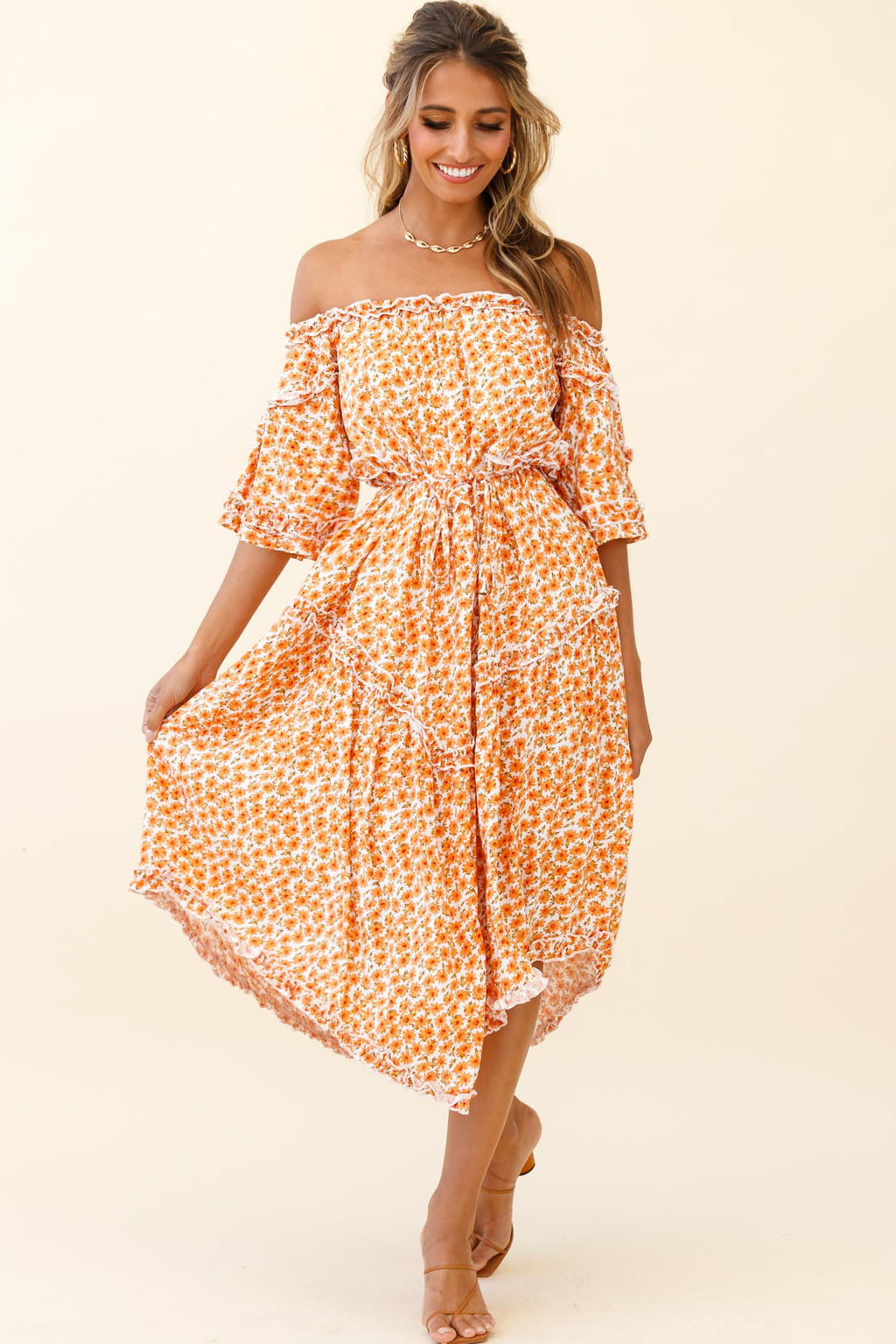 Renoir Off-Shoulder Frill Trim Dress Floral Print Orange by Selfie Leslie