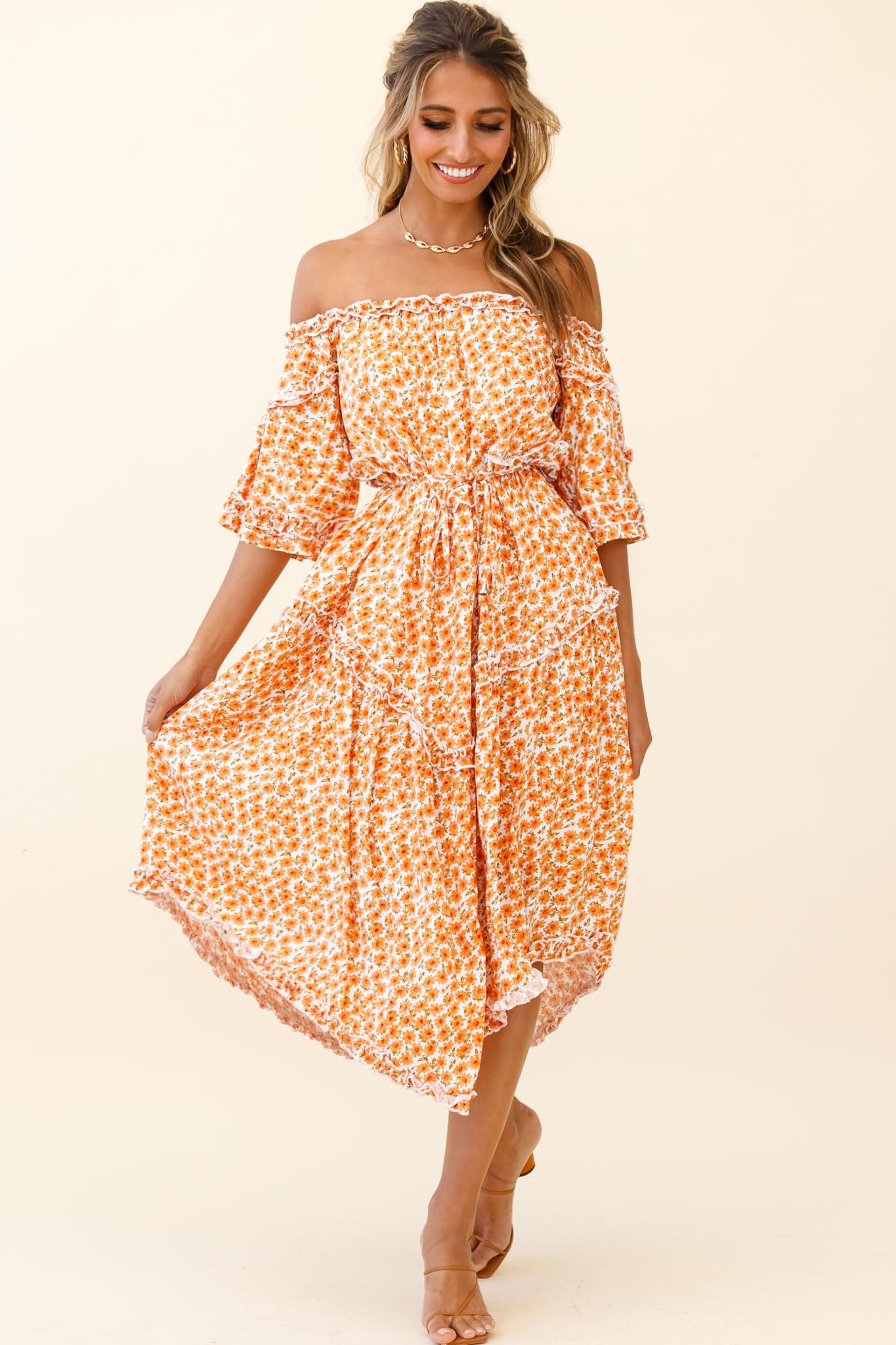 Renoir Off-Shoulder Frill Trim Dress Floral Print Orange by Selfie Leslie