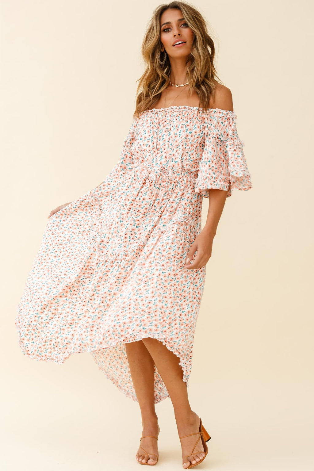 Renoir Off-Shoulder Frill Trim Dress Floral Print Pink by Selfie Leslie