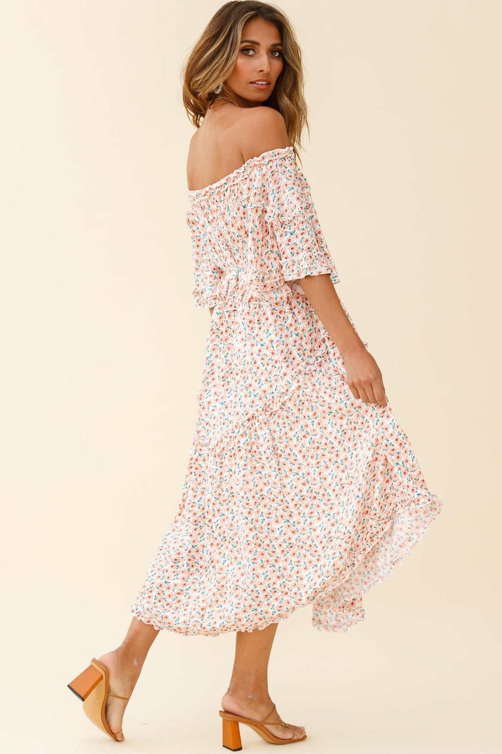 Renoir Off-Shoulder Frill Trim Dress Floral Print Pink by Selfie Leslie