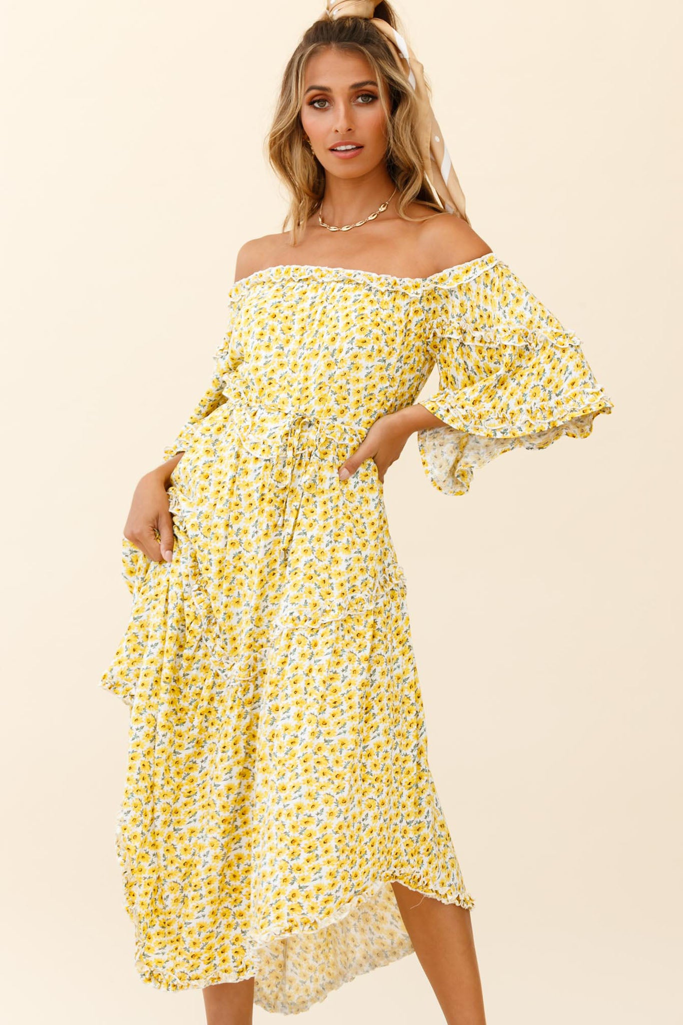 Renoir Off-Shoulder Frill Trim Dress Floral Print Yellow by Selfie Leslie
