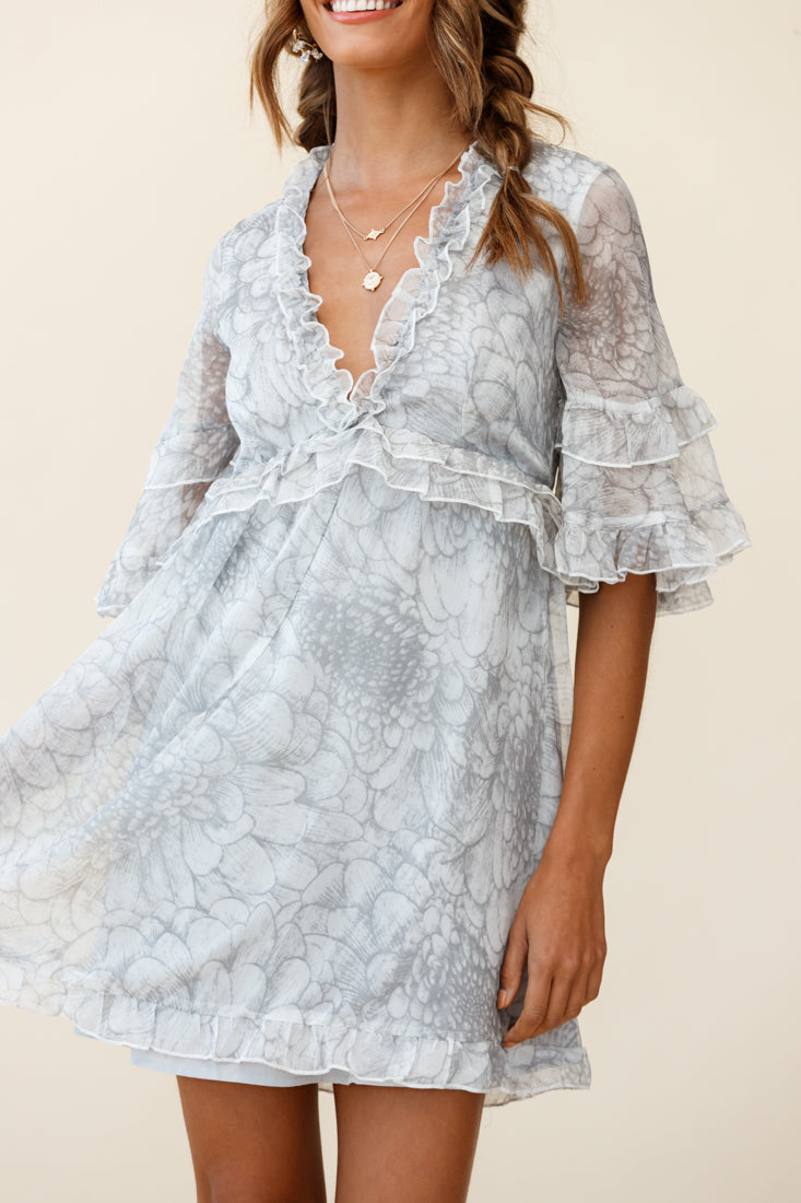 Gemma V-Neckline Frill Detail Dress Flower Print Grey by Selfie Leslie