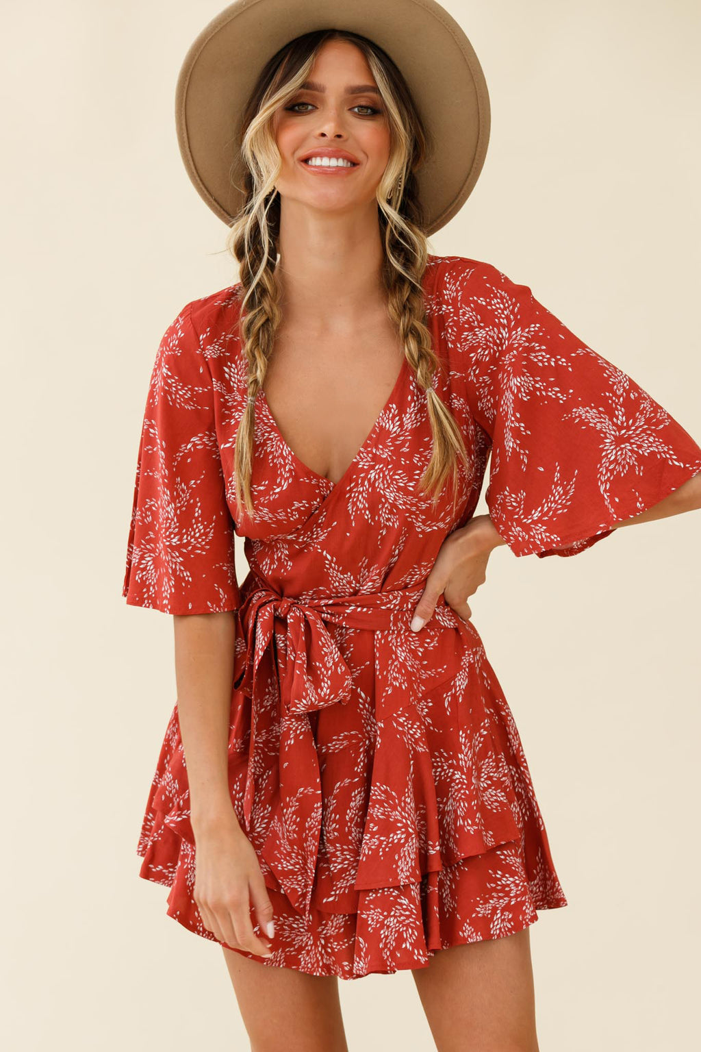 Davina Angel Sleeve Cut-Out Back Romper Leaf Print Rose by Selfie Leslie