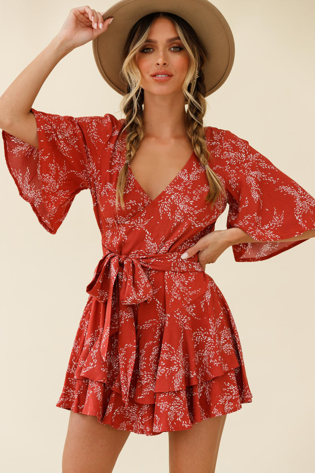 Davina Angel Sleeve Cut-Out Back Romper Leaf Print Rose by Selfie Leslie