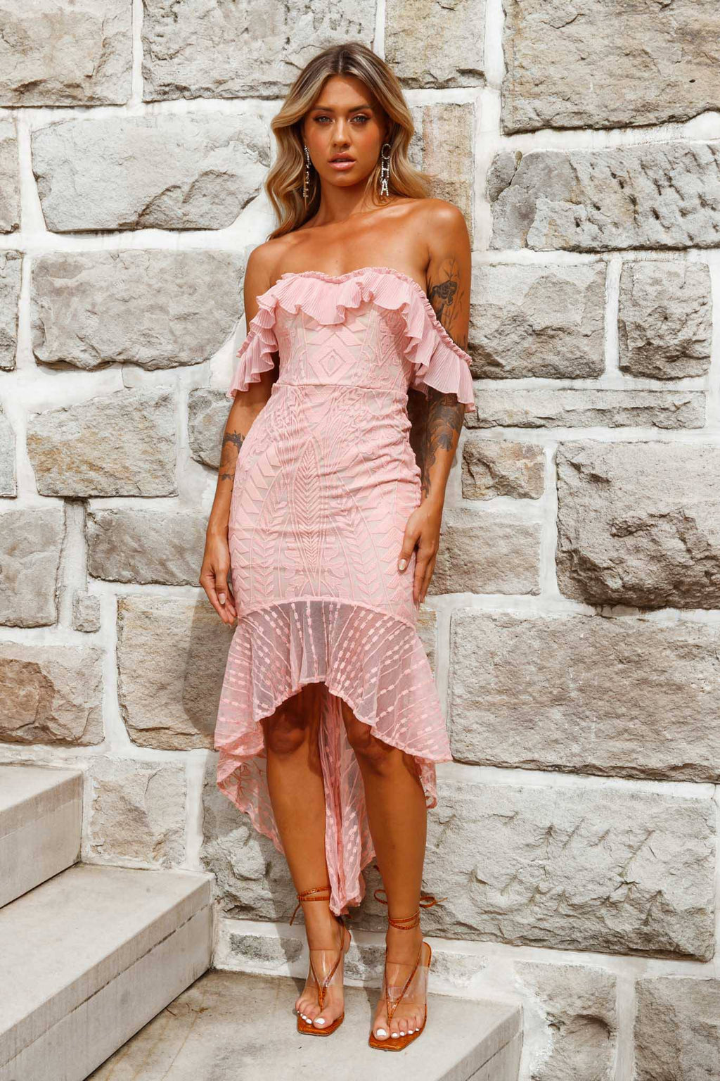 Dreamy Off-Shoulder High-Low Hem Dress Blush by Selfie Leslie