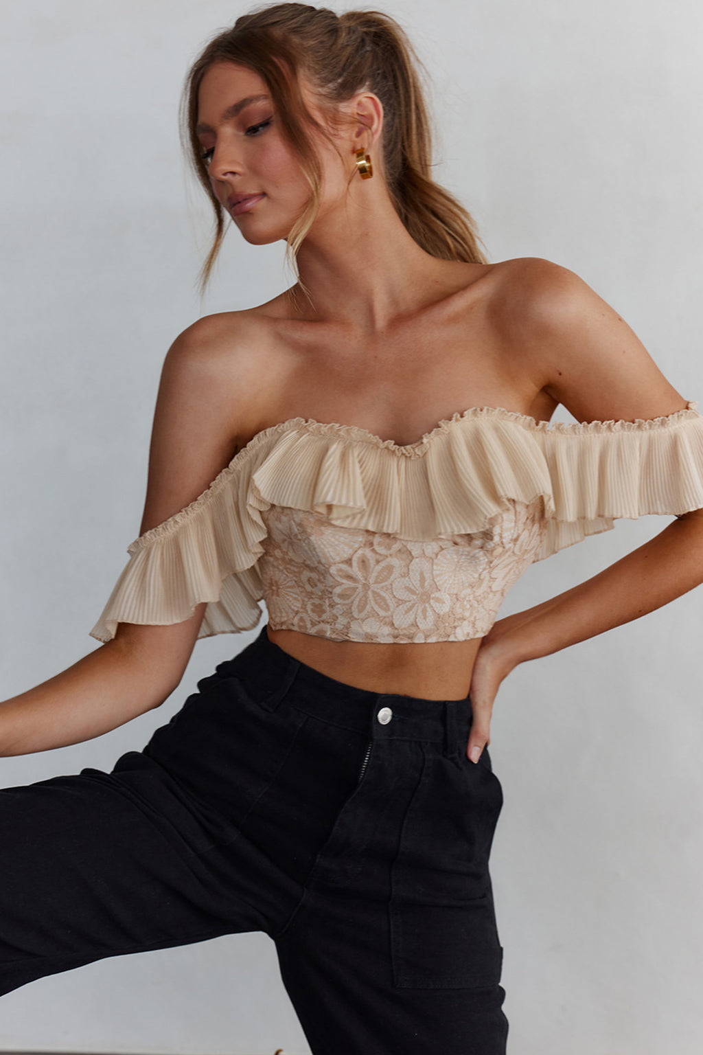 Dreamy On Or Off-Shoulder Frill Crop Top Nude by Selfie Leslie