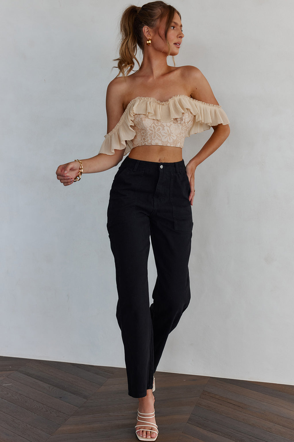 Dreamy On Or Off-Shoulder Frill Crop Top Nude by Selfie Leslie