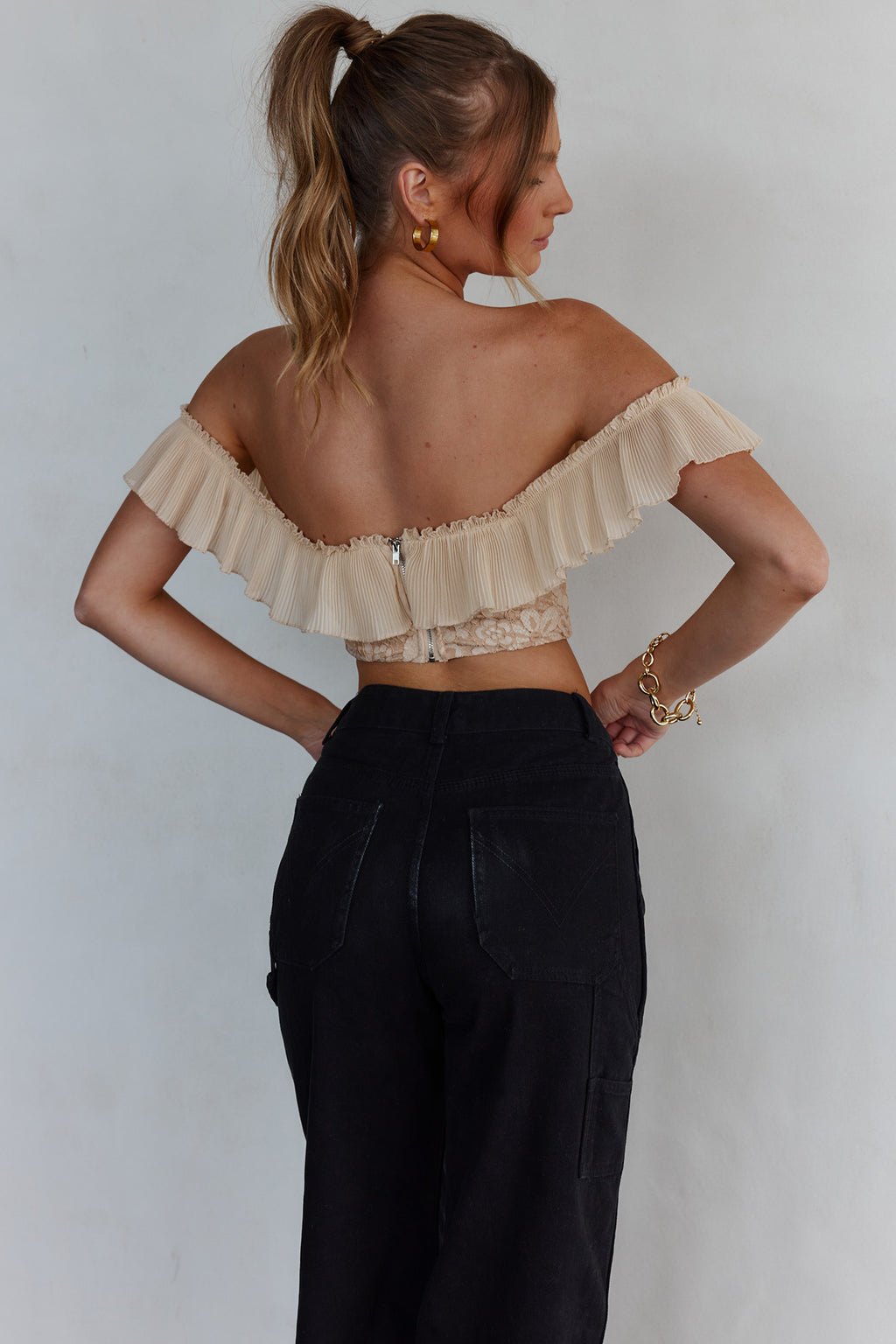 Dreamy On Or Off-Shoulder Frill Crop Top Nude by Selfie Leslie