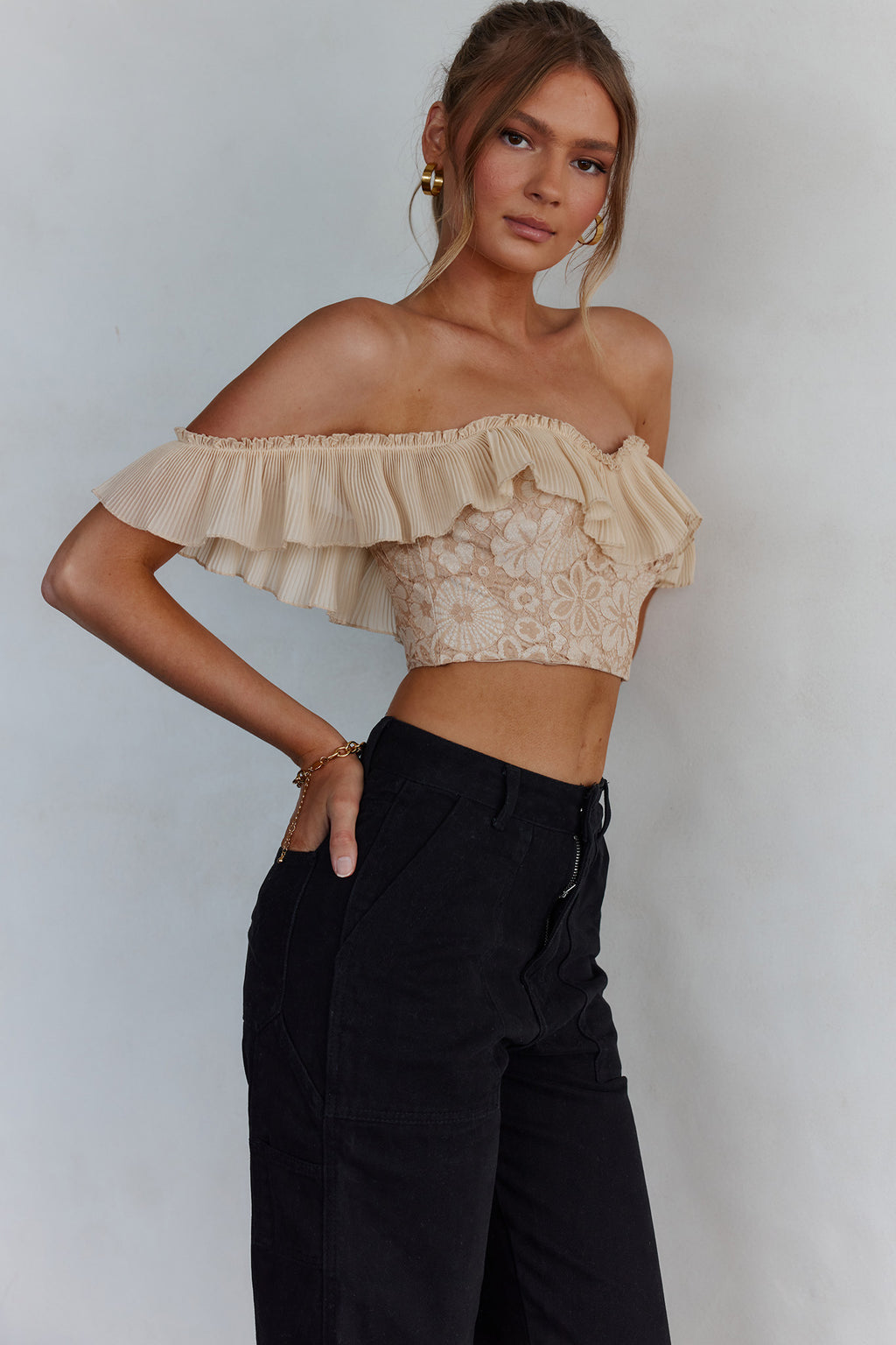 Dreamy On Or Off-Shoulder Frill Crop Top Nude by Selfie Leslie